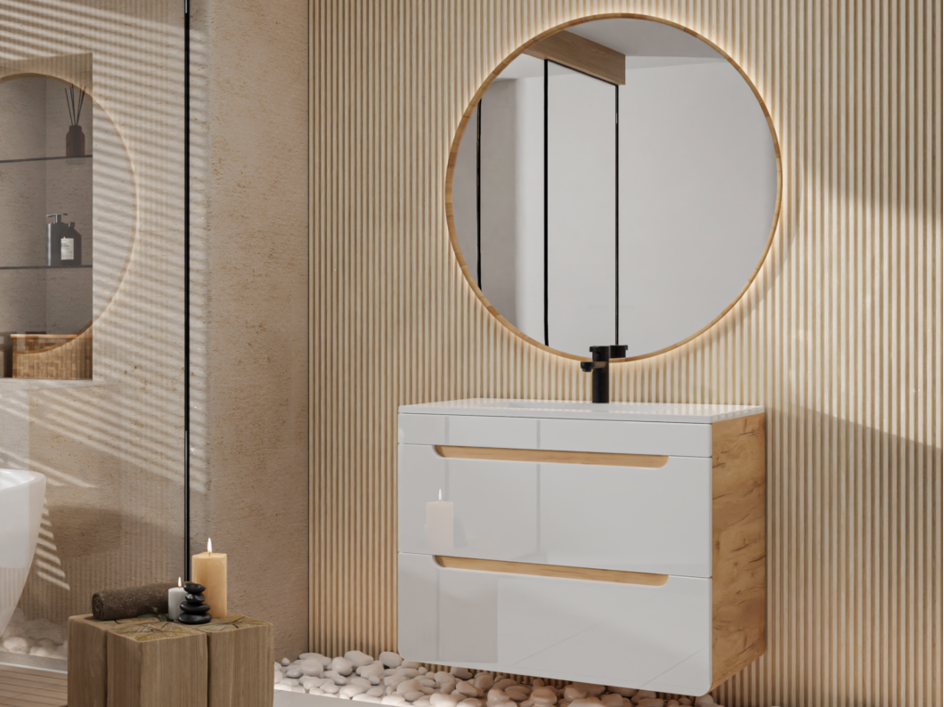 Mobile per bagno sospeso con lavabo da incasso 80 cm Naturale e Bianco - ARUBA