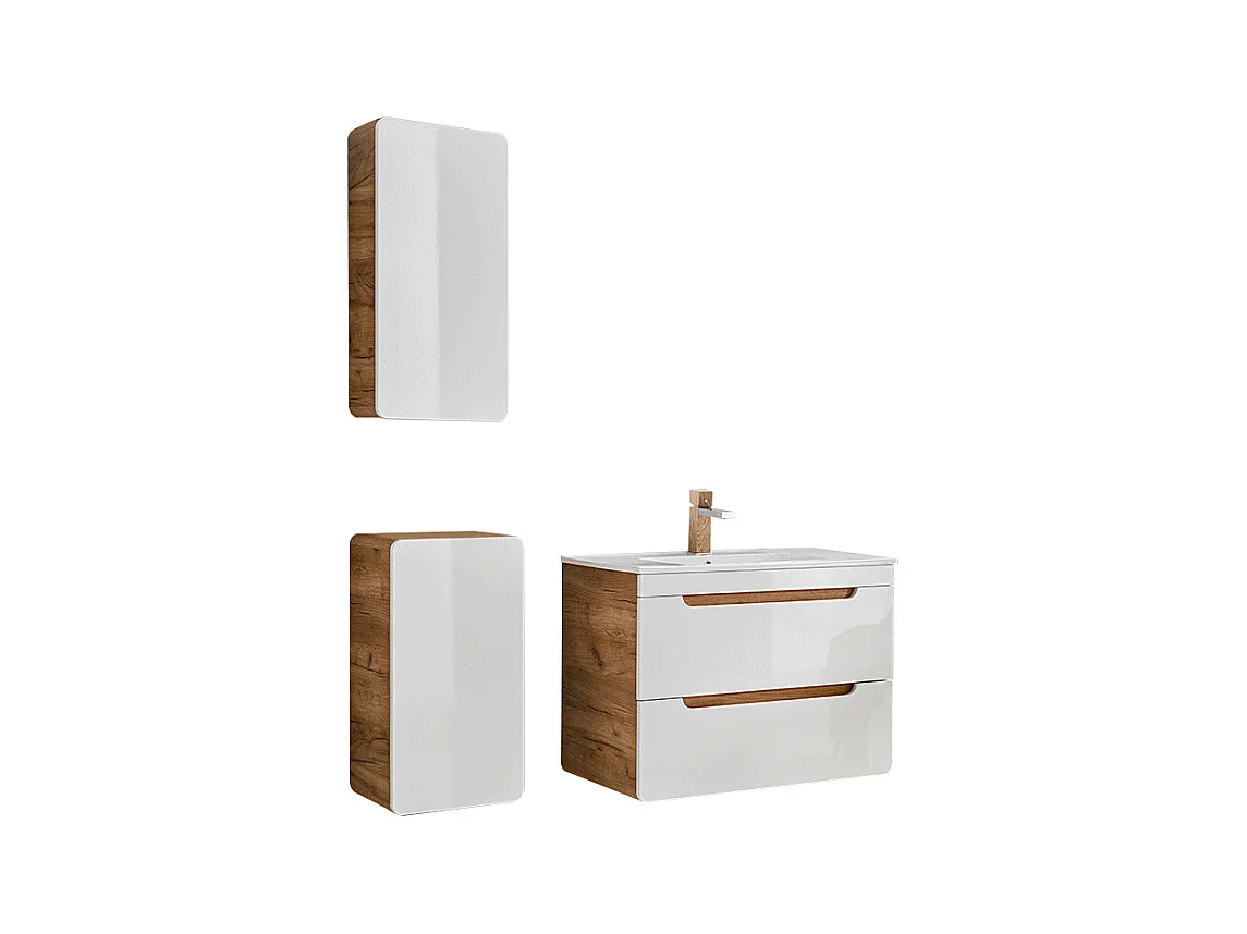 Væghængt badeværelsesmøbel med indbygget vask og to højskabe i naturfarve og hvid 80 cm ARUBA