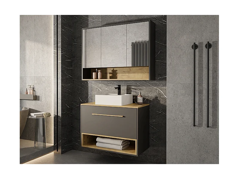 Meuble de salle de bain suspendu anthracite avec vasque à poser et armoire de toilette - 80 cm - YANGRA