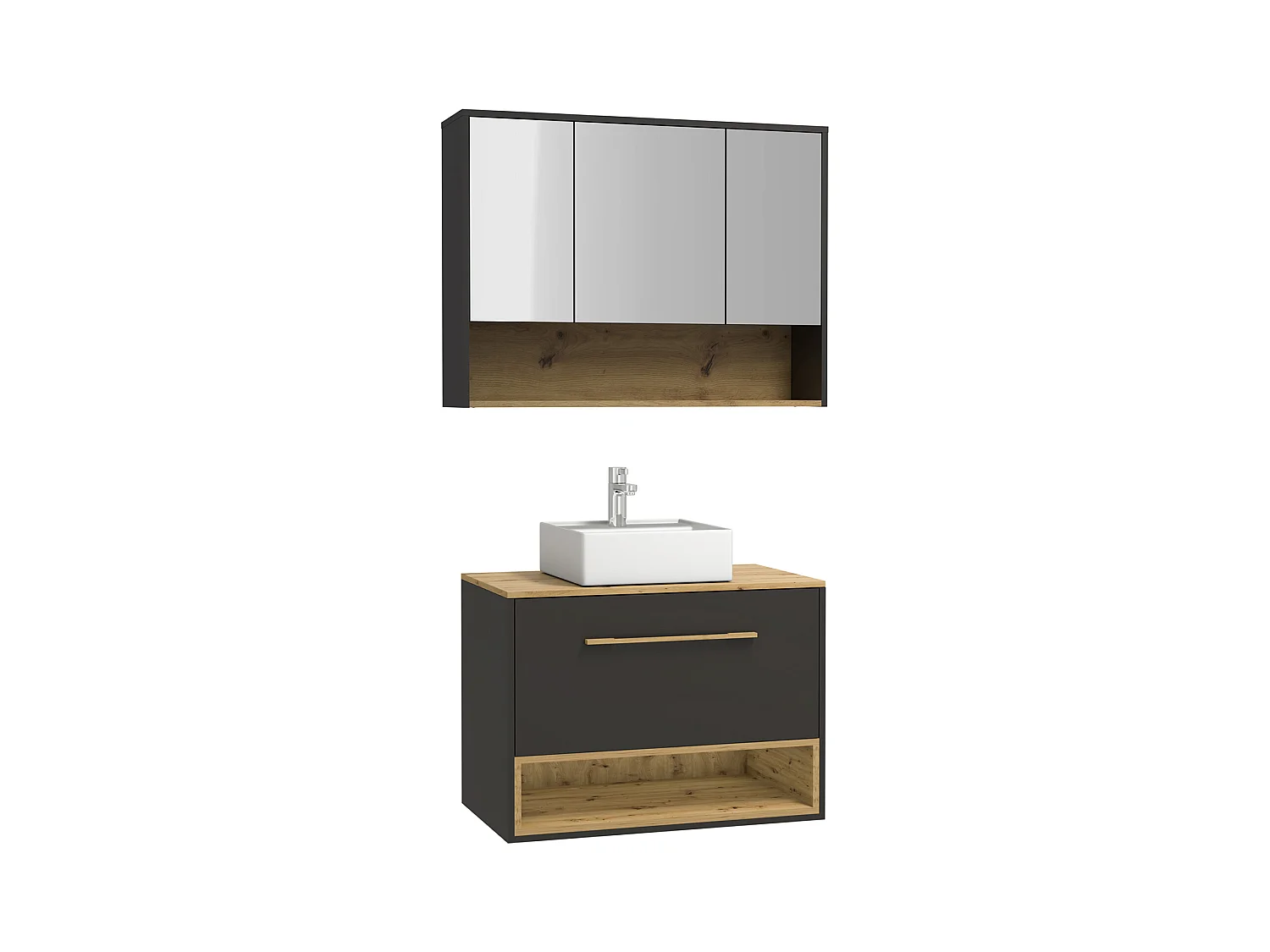 Meuble de salle de bain suspendu anthracite avec vasque à poser et armoire de toilette - 80 cm - YANGRA