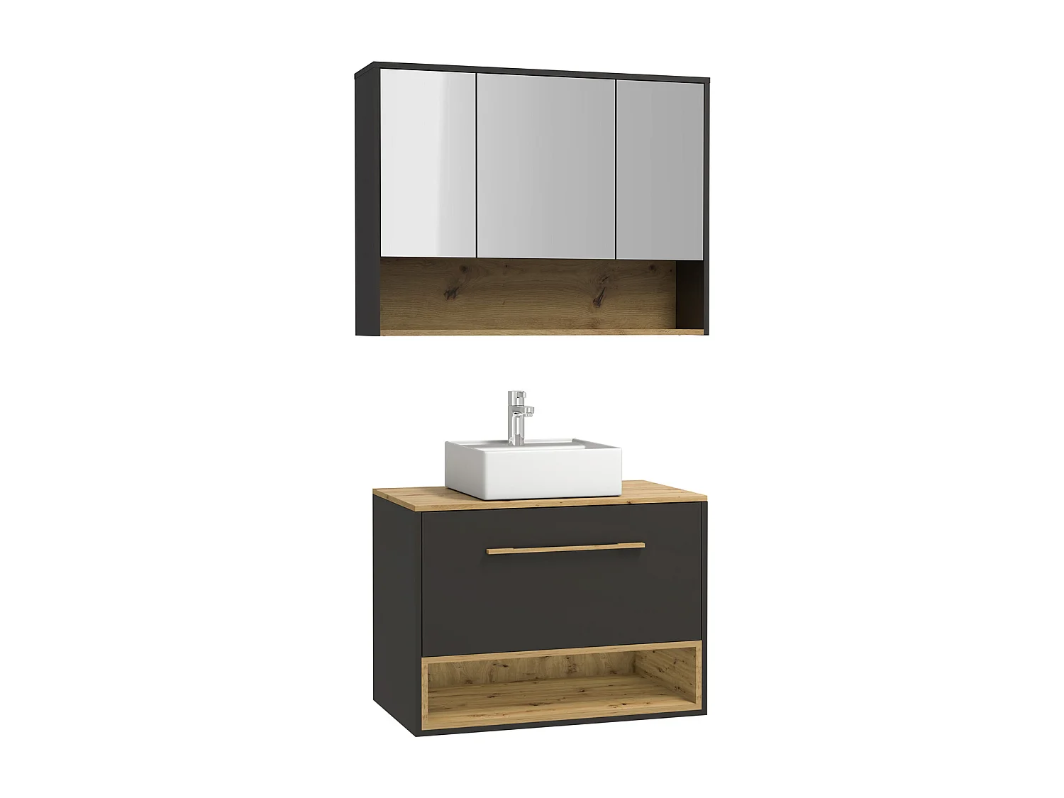 Meuble de salle de bain suspendu anthracite avec vasque à poser et armoire de toilette - 80 cm - YANGRA