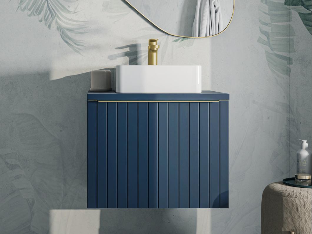 Waschbeckenunterschrank hängend mit Einzelwaschbecken - 60 cm - Blau gestreift - JOSEPHA