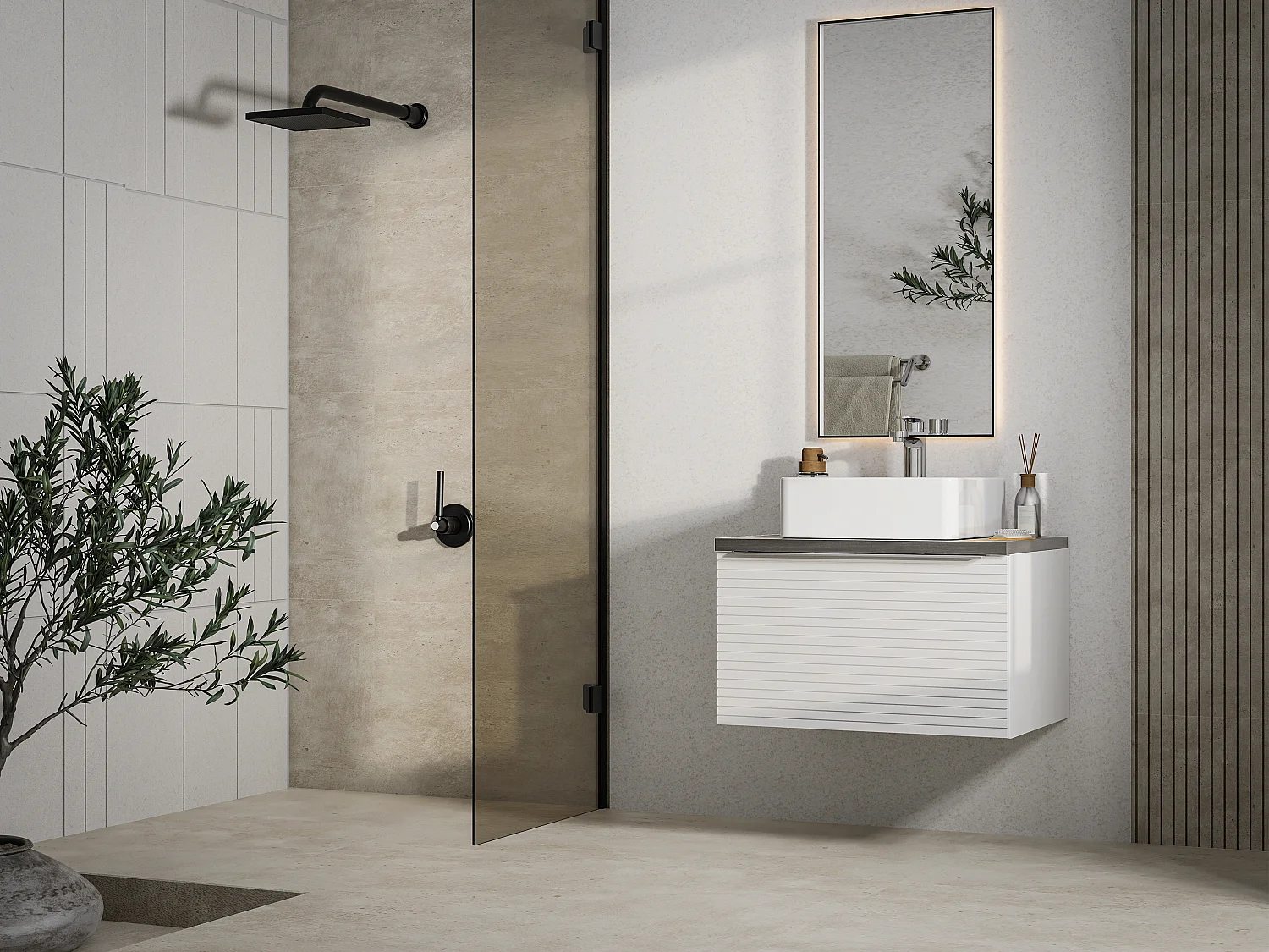 Meuble de salle de bain suspendu strié blanc avec simple vasque à poser - 60 cm - LATOMA