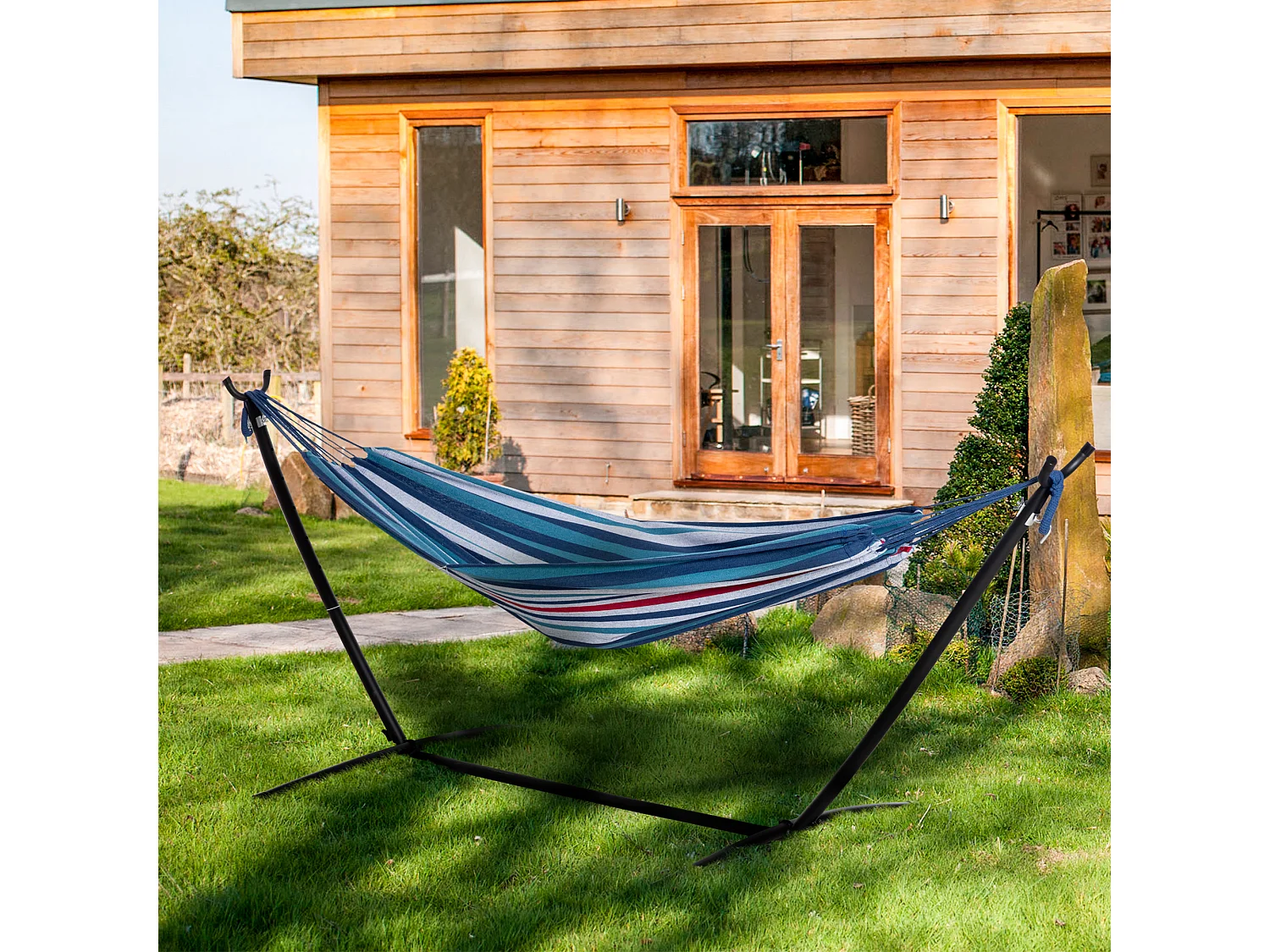 Hamac de jardin avec support en métal époxy hamac sur pied 1 place charge max. 120 Kg sac transport multicolore