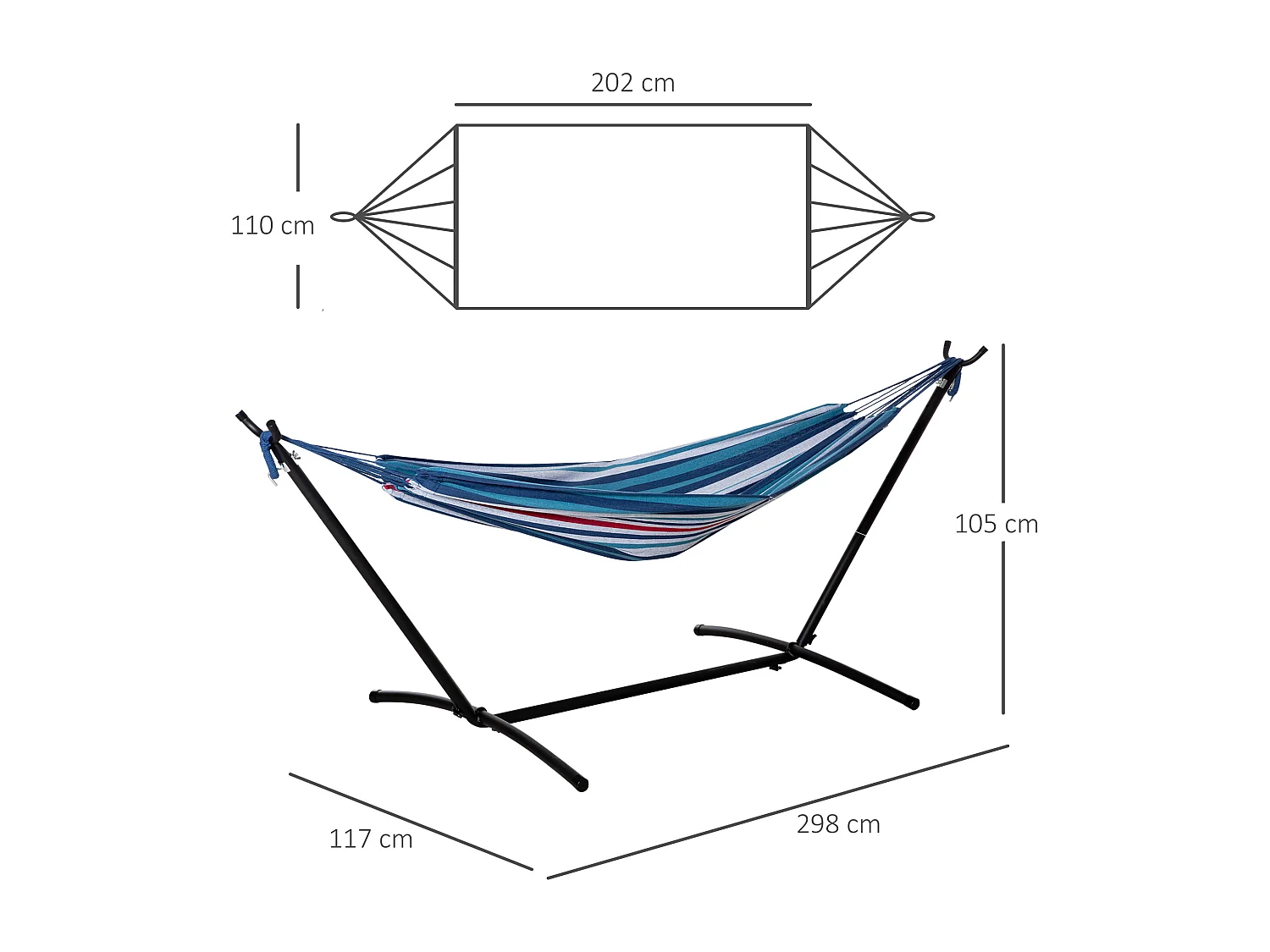 Hamac de jardin avec support en métal époxy hamac sur pied 1 place charge max. 120 Kg sac transport multicolore