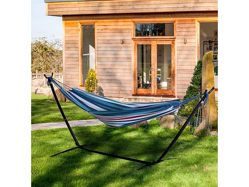 Hamac de jardin avec support en métal époxy hamac sur pied 1 place charge max. 120 Kg sac transport multicolore