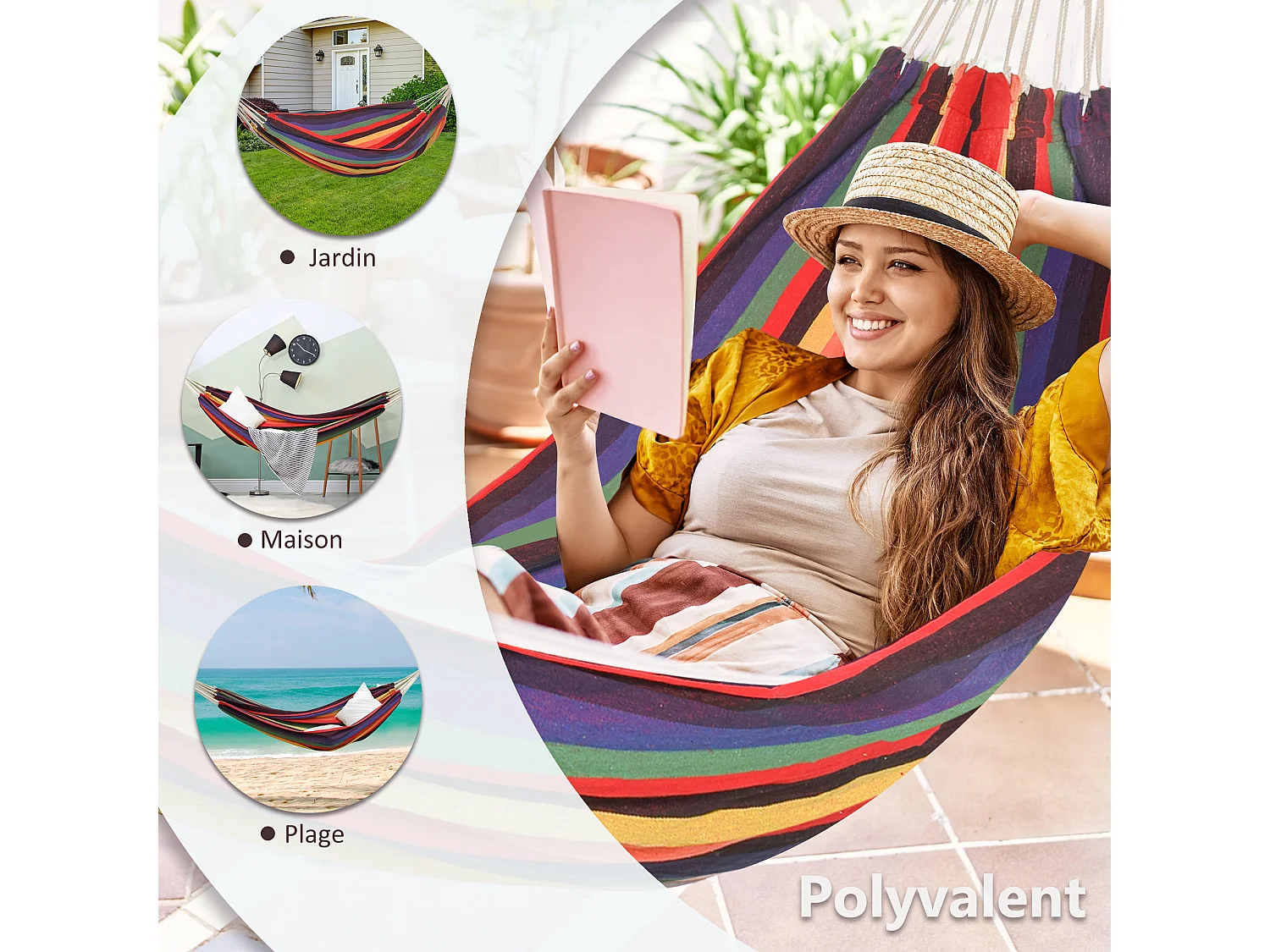 Hamac de voyage respirant portable toile de hamac dim. 2,9L x 1,5l m sac transport coton polyester multicolore