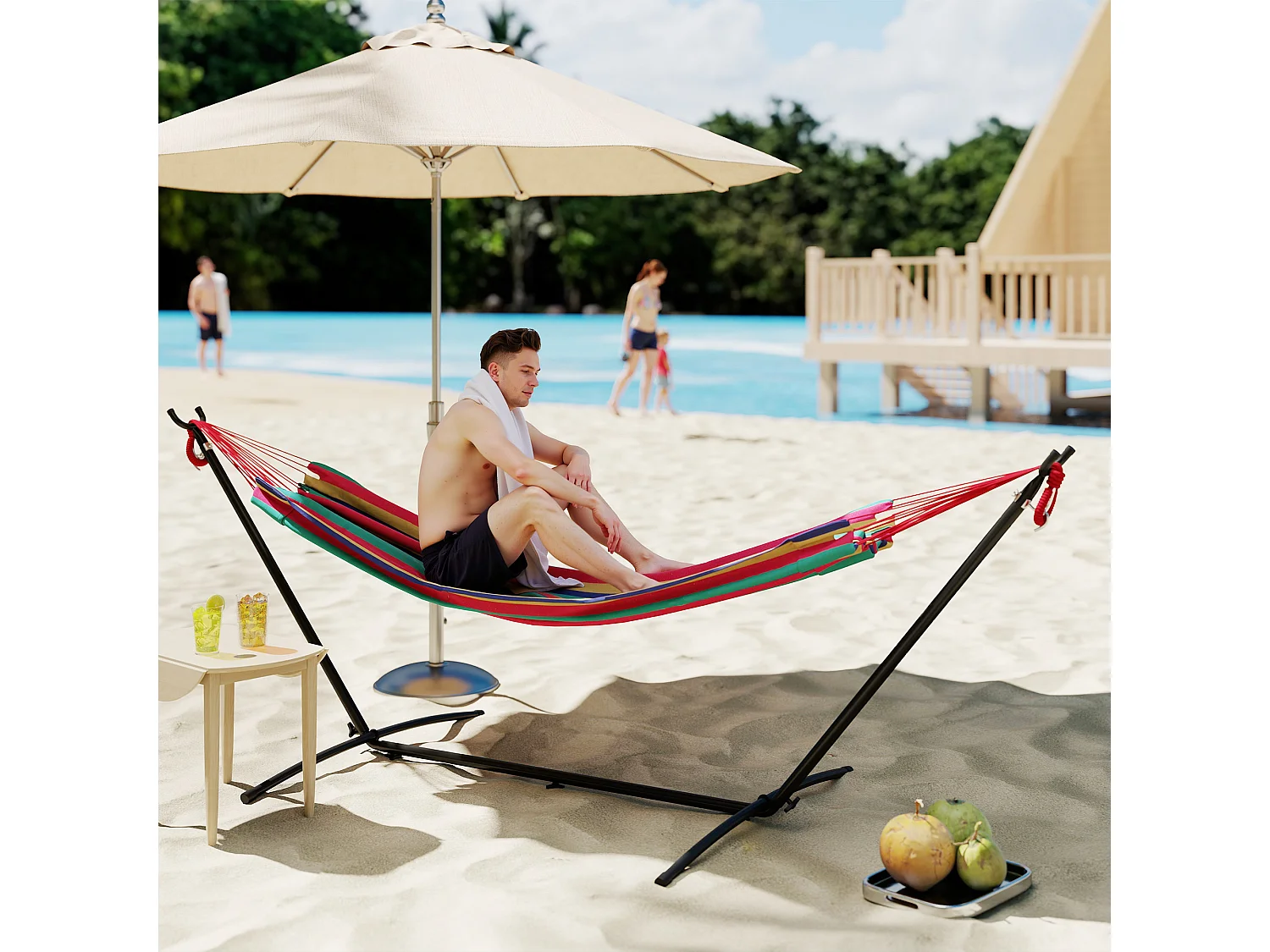 Hamac de jardin avec support en métal époxy hamac sur pied 1 place charge max. 120 Kg sac transport rouge