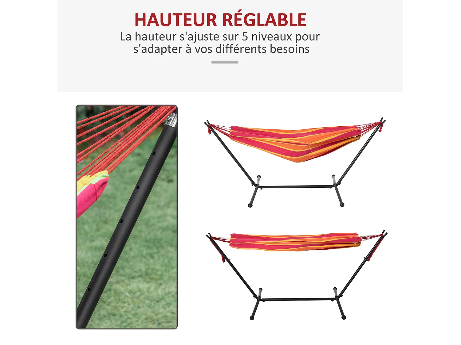 Hamac de jardin avec support en métal époxy hamac sur pied 1 place charge max. 120 Kg sac transport rouge