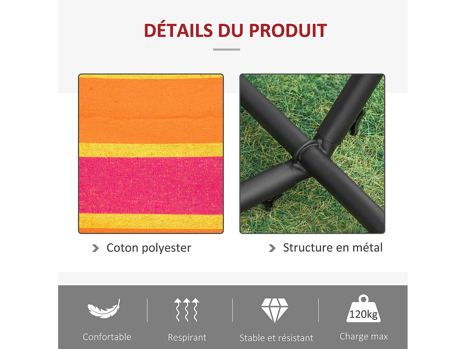 Hamac de jardin avec support en métal époxy hamac sur pied 1 place charge max. 120 Kg sac transport rouge