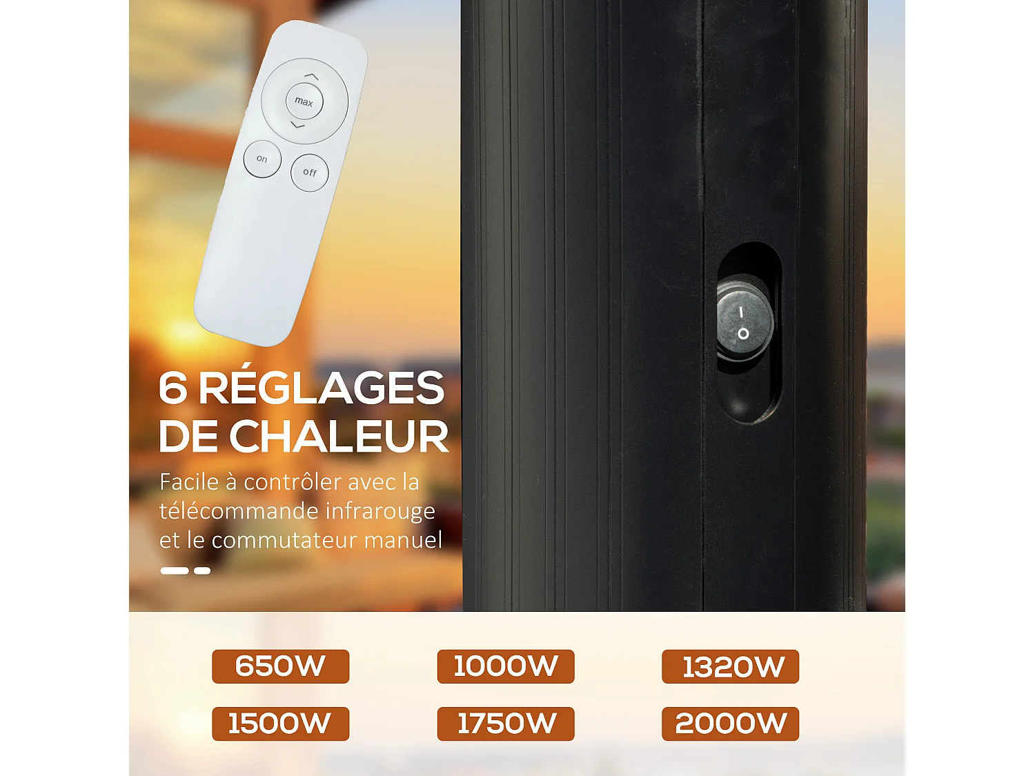 Chauffage extérieur infrarouge 2000 W max. réglable 6 niv. - chauffage radiant sur pied - poignée, télécommande - alliage alu. fonte noir