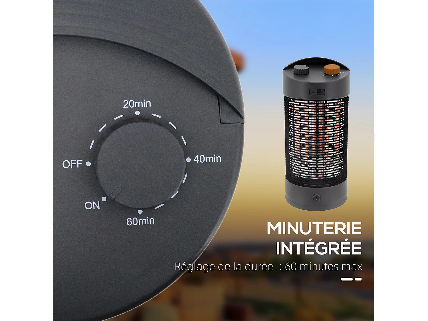 Chauffage extérieur radiant infrarouge électrique autoportant 2 modes 600/1200 W réflecteur acier inox. noir