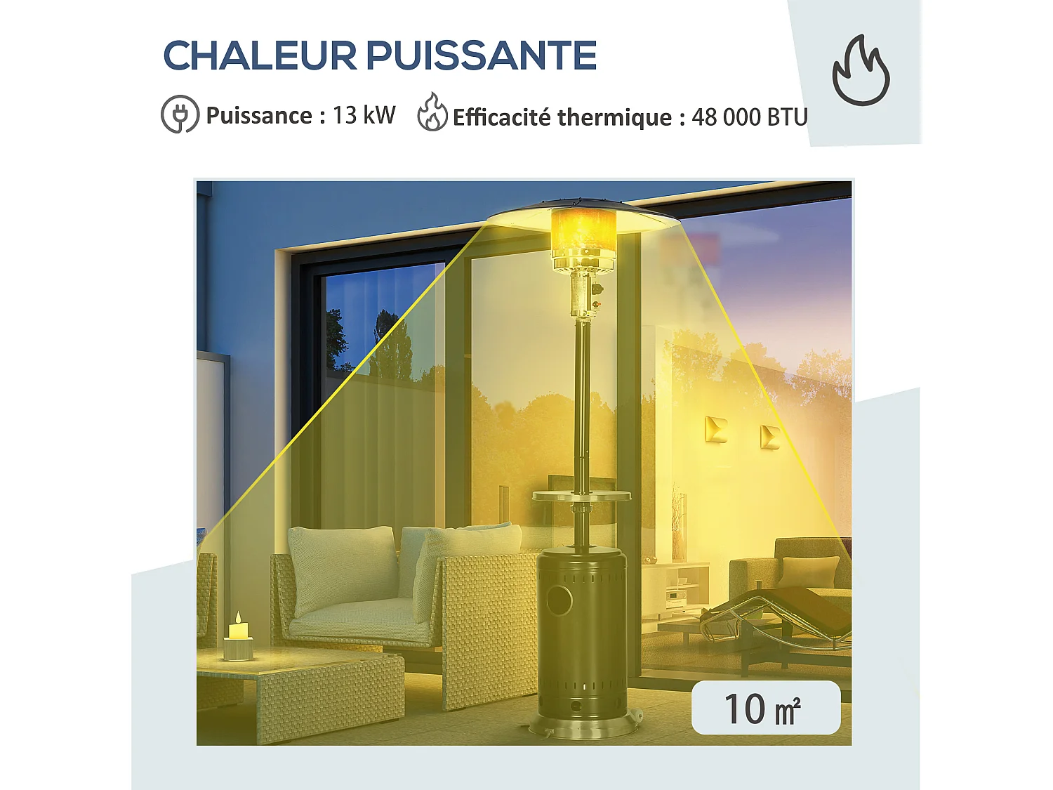Parasol chauffant commercial 13 kW - chauffage extérieur gaz - double sécurité - puissance réglable - roulettes, étagère - alu. acier inox. noir