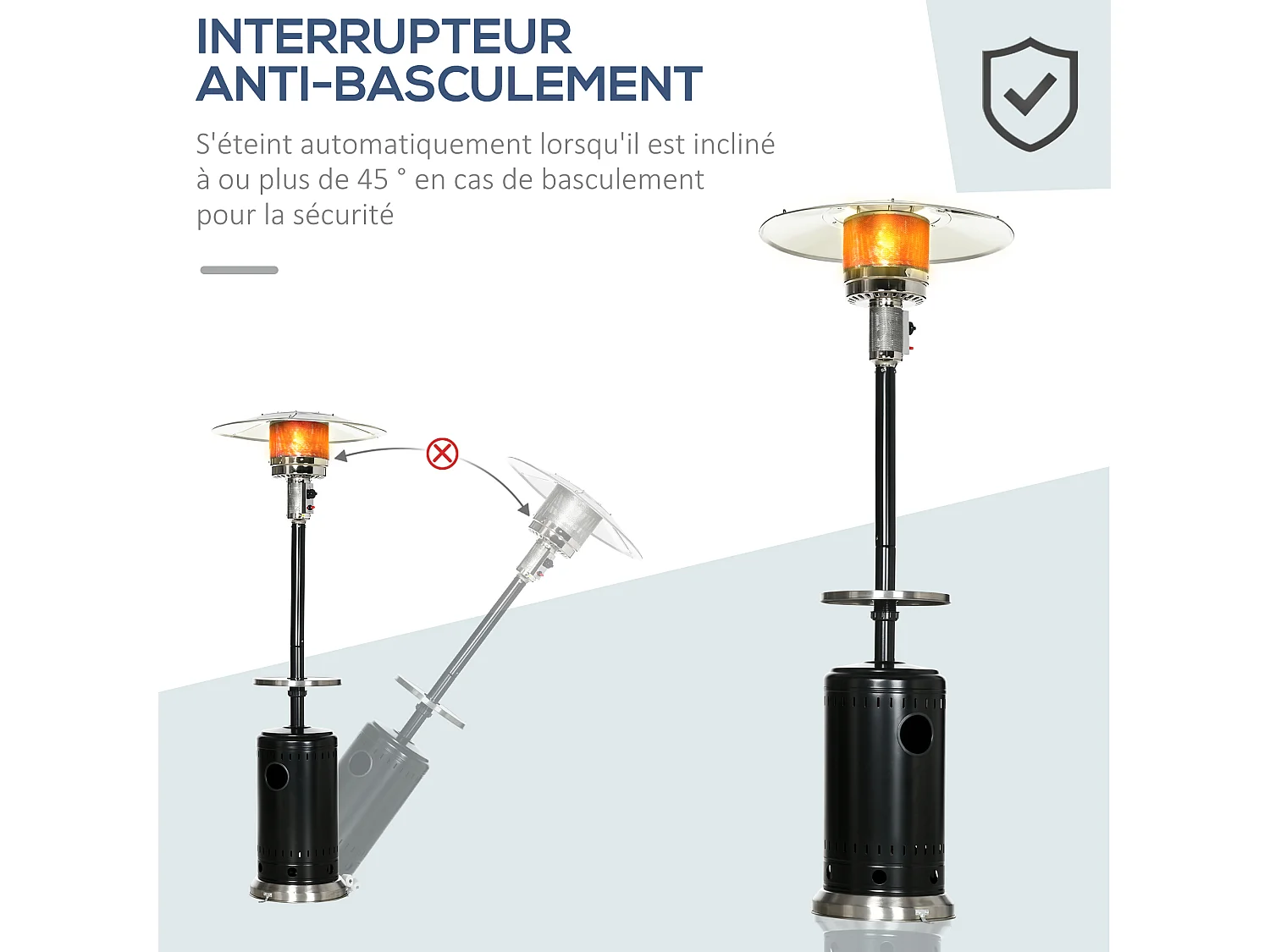 Parasol chauffant commercial 13 kW - chauffage extérieur gaz - double sécurité - puissance réglable - roulettes, étagère - alu. acier inox. noir