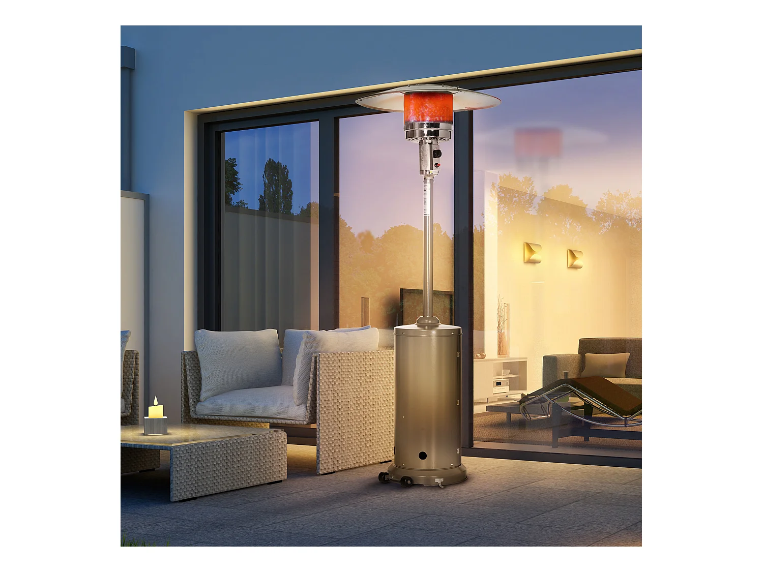 Parasol chauffant commercial 12,5 kW - chauffage extérieur gaz - chauffage de terrasse - double sécurité - puissance réglable - roulettes - acier inox. gris