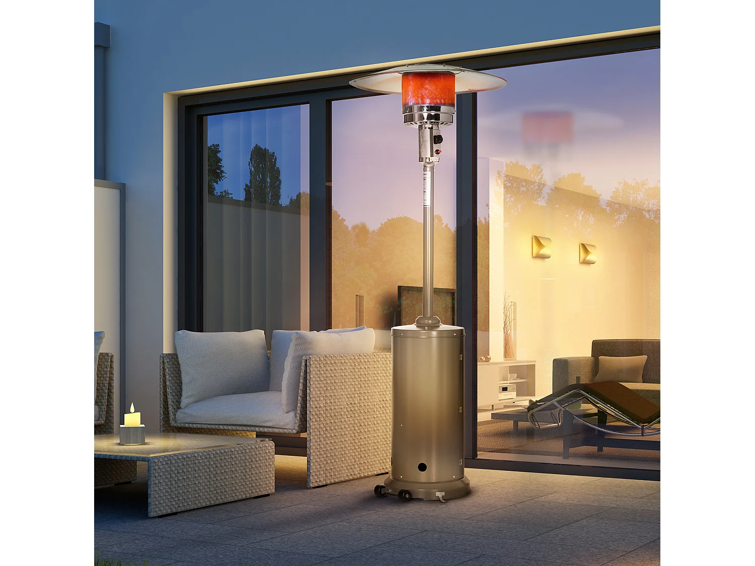 Parasol chauffant commercial 12,5 kW - chauffage extérieur gaz - chauffage de terrasse - double sécurité - puissance réglable - roulettes - acier inox. gris