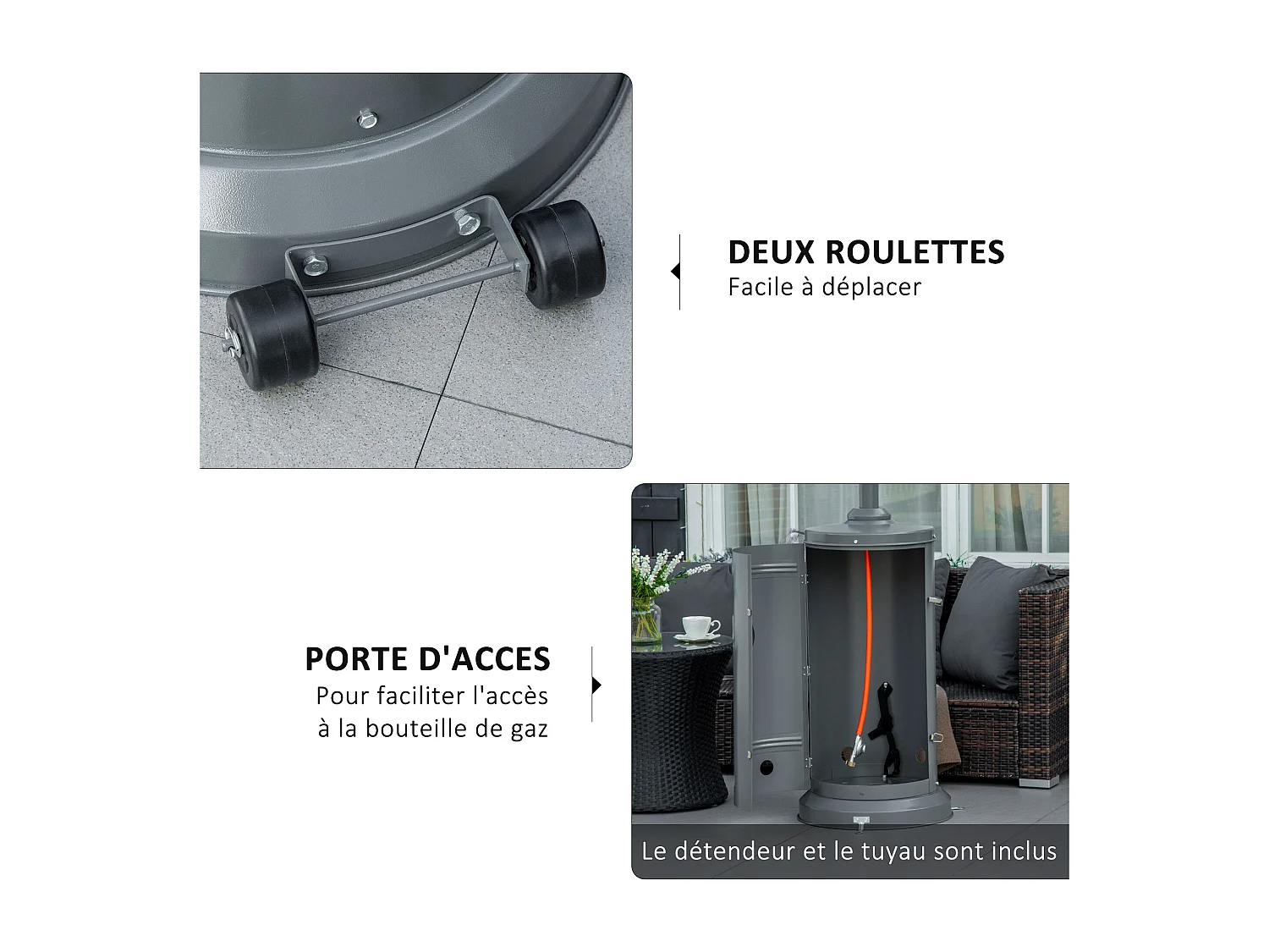 Parasol chauffant commercial 12,5 kW - chauffage extérieur gaz - chauffage de terrasse - double sécurité - puissance réglable - roulettes - acier inox. gris