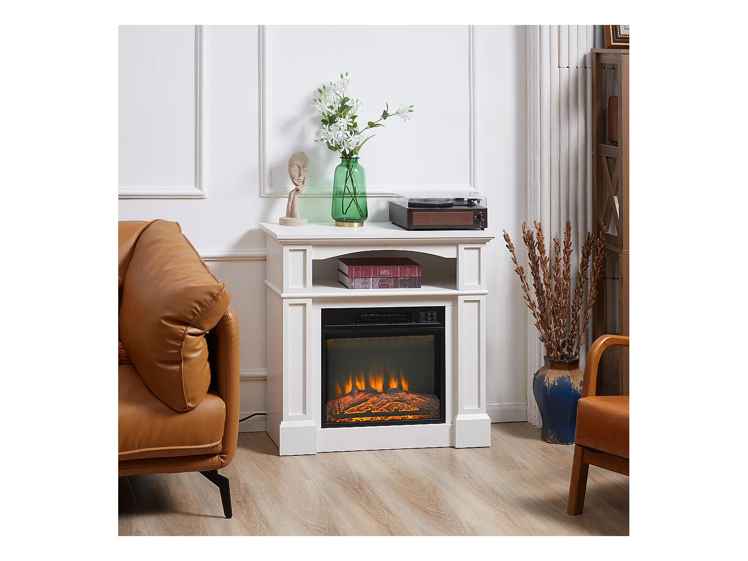 Cheminée électrique XL style classique chic 1800W  effet flammes LED réglable télécommande blanc