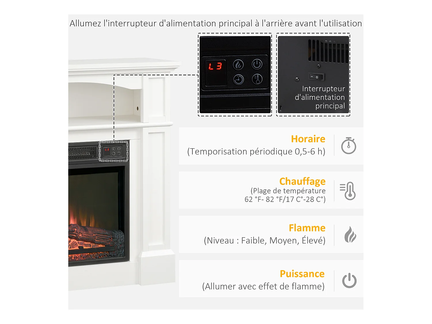 Cheminée électrique XL style classique chic 1800W  effet flammes LED réglable télécommande blanc