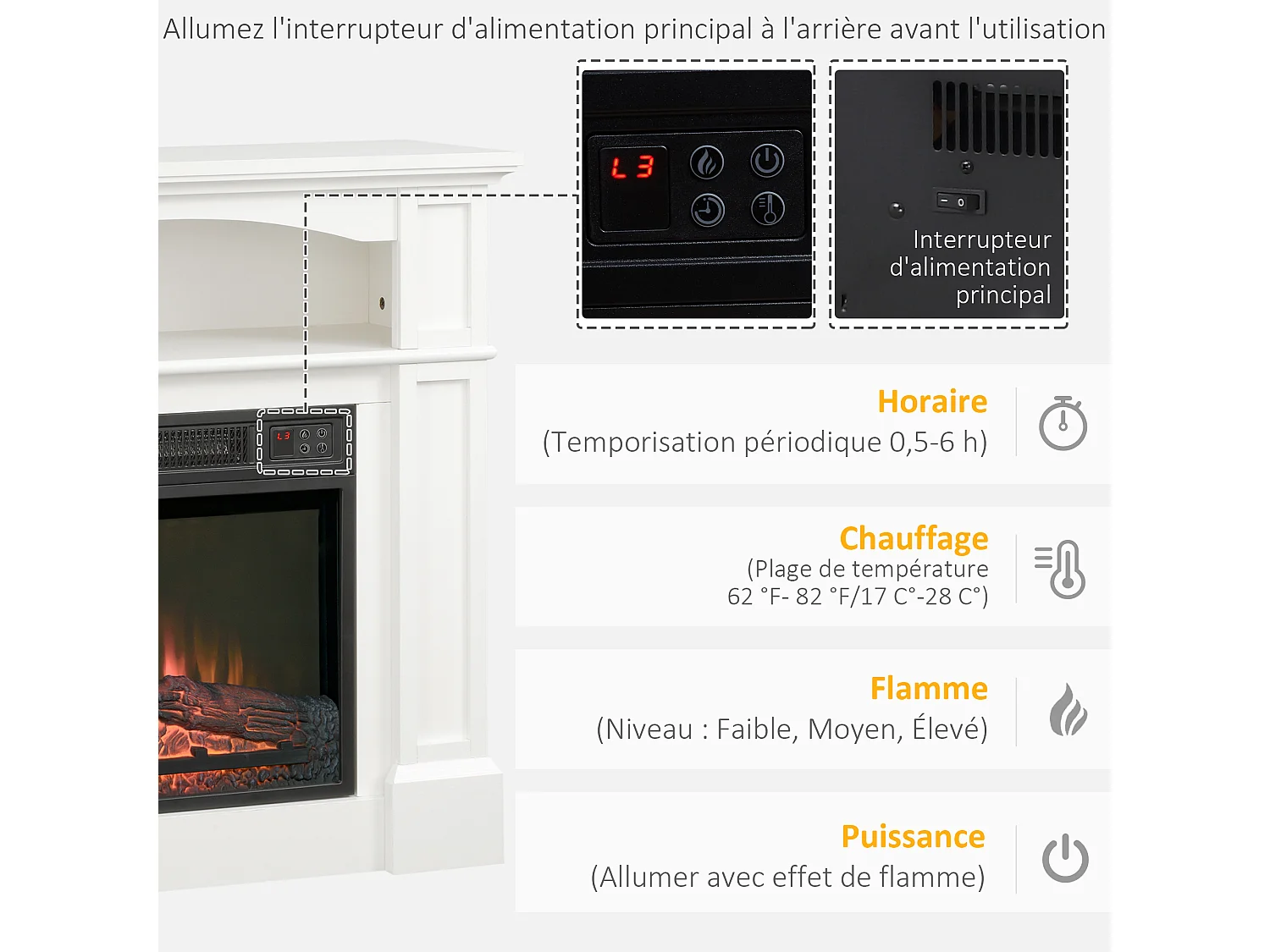 Cheminée électrique XL style classique chic 1800W  effet flammes LED réglable télécommande blanc