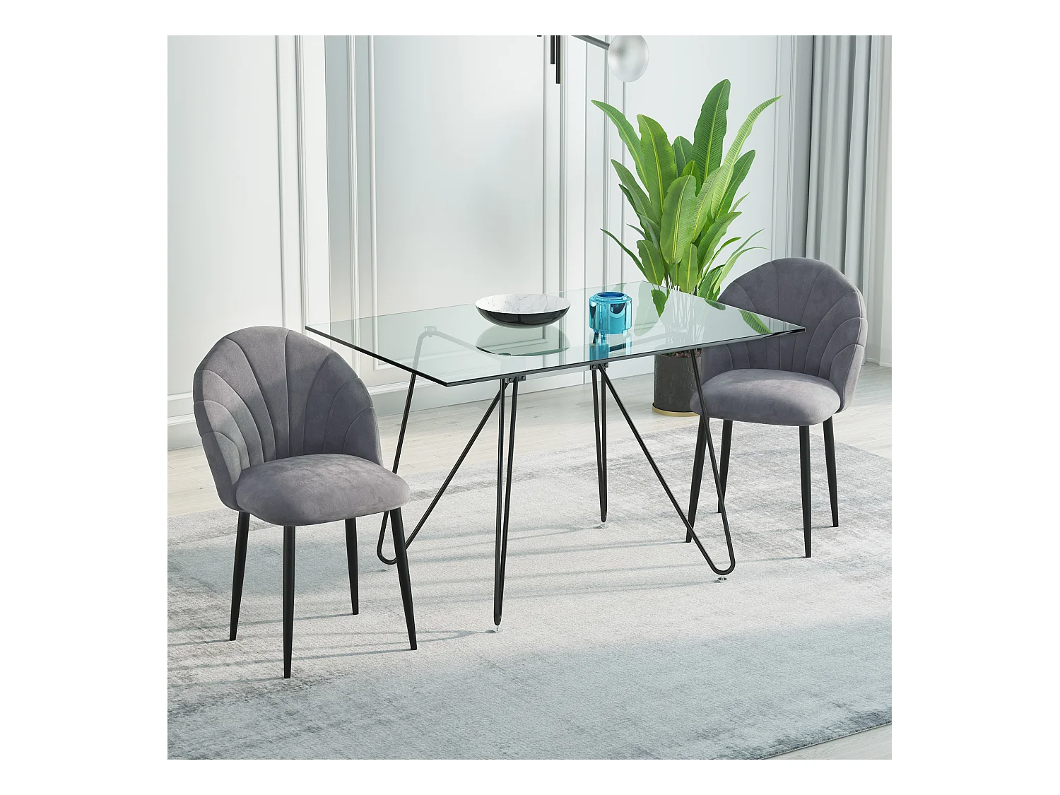 Lot de 2 chaises velours gris pieds métal noir dim. 52L x 54l x 79H cm