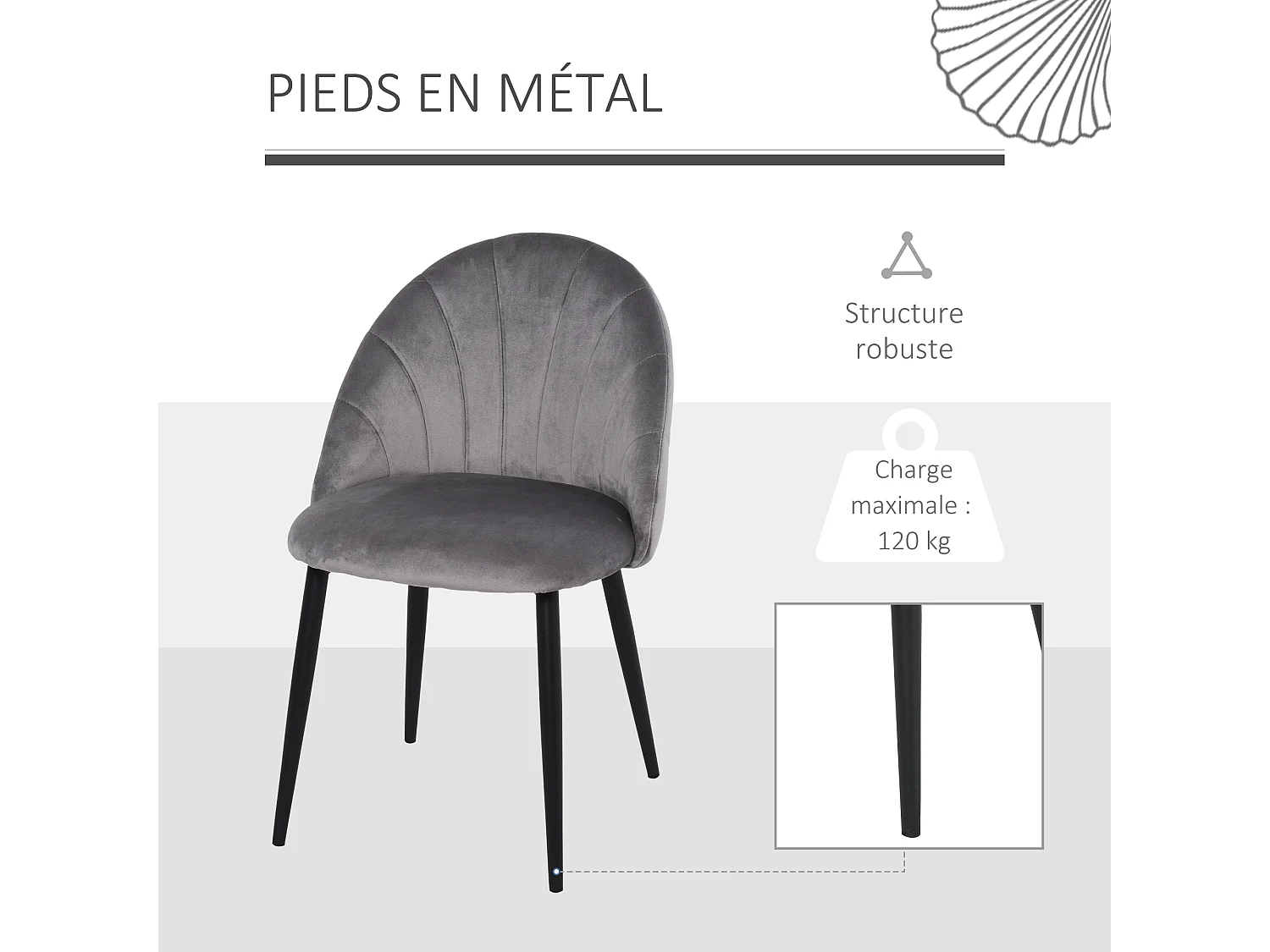 Lot de 2 chaises velours gris pieds métal noir dim. 52L x 54l x 79H cm