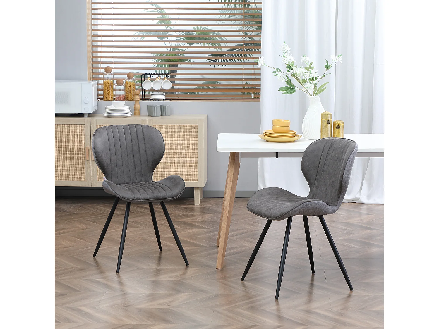Lot de 2 chaises de salon design contemporain dossier assise incurvés striés piètement acier noir tissu technique gris