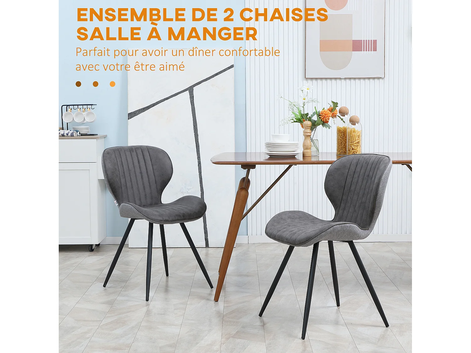 Lot de 2 chaises de salon design contemporain dossier assise incurvés striés piètement acier noir tissu technique gris