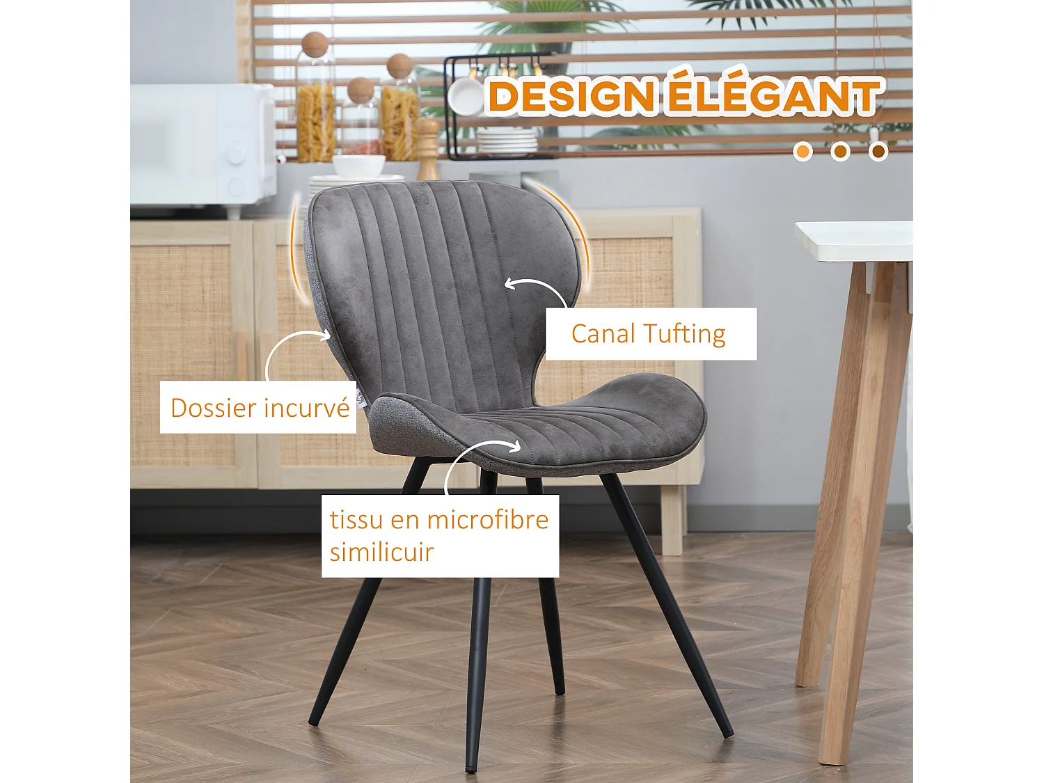 Lot de 2 chaises de salon design contemporain dossier assise incurvés striés piètement acier noir tissu technique gris