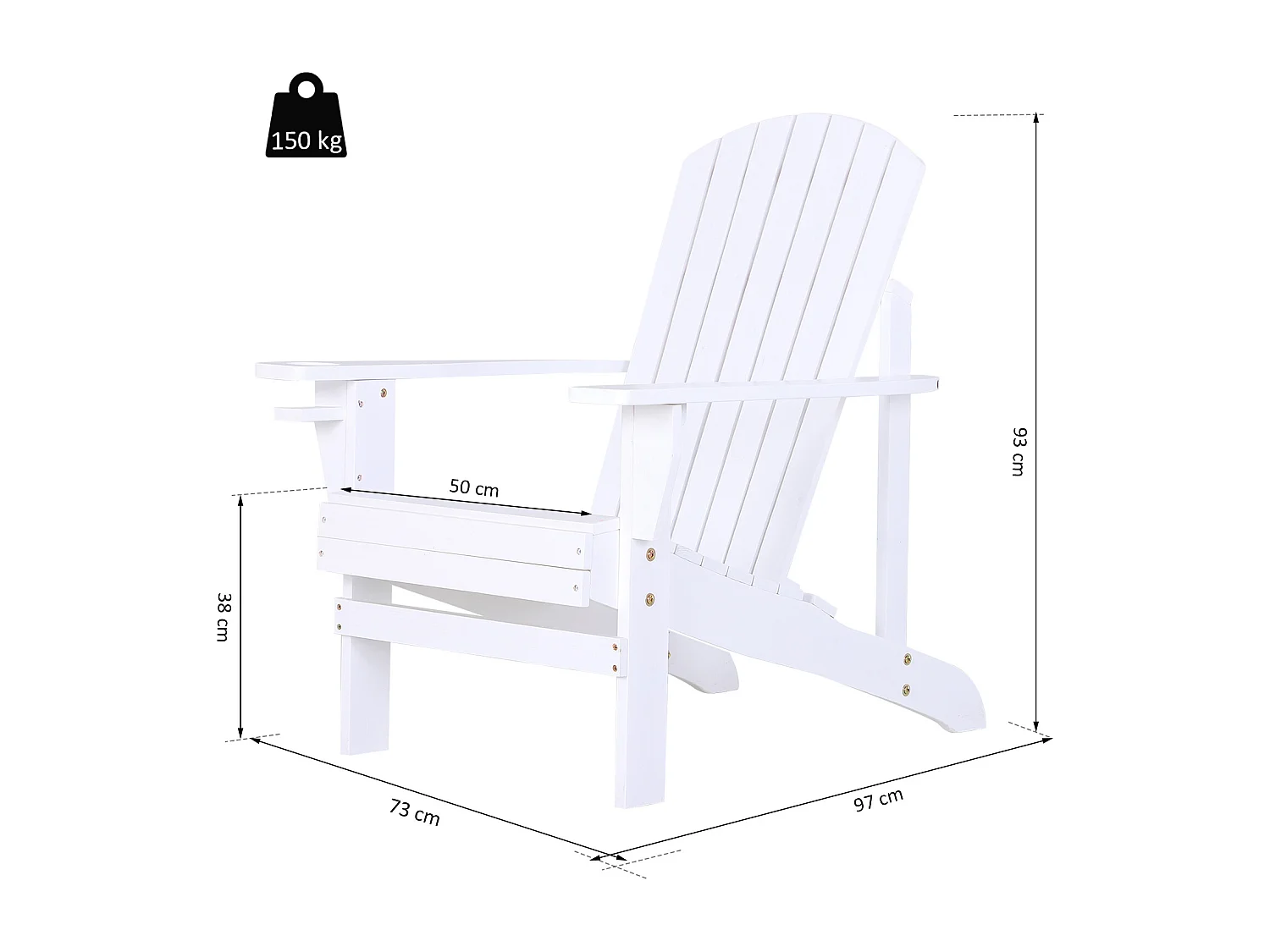 Fauteuil de jardin Adirondack chaise longue inclinable en bois 97L x 73l x 93H cm blanc