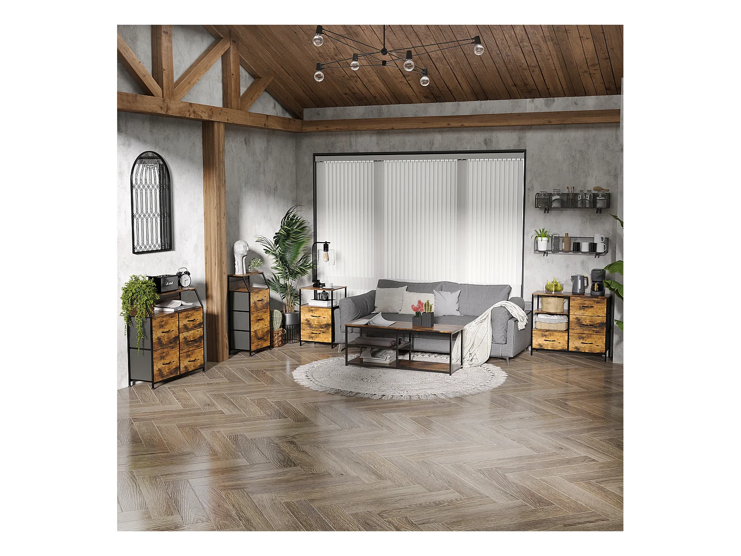 Buffet design industriel - 4 tiroirs, 2 niches, plateau - châssis acier noir MDF aspect bois avec veinage