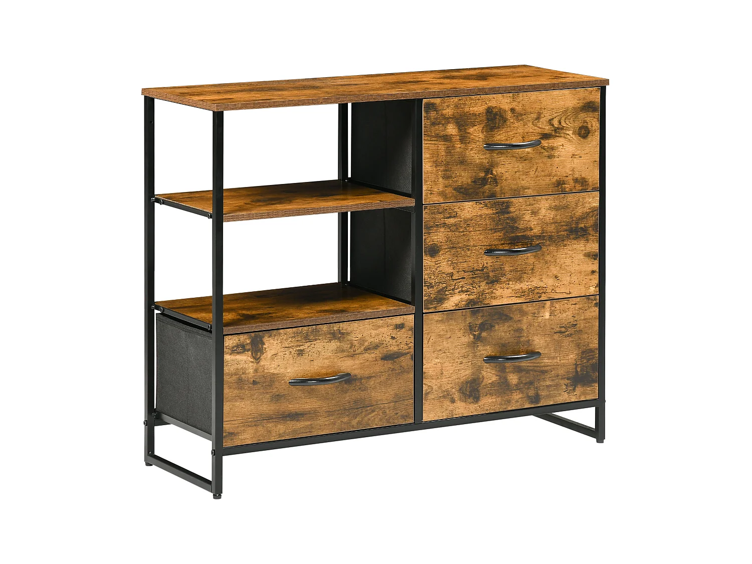 Buffet design industriel - 4 tiroirs, 2 niches, plateau - châssis acier noir MDF aspect bois avec veinage