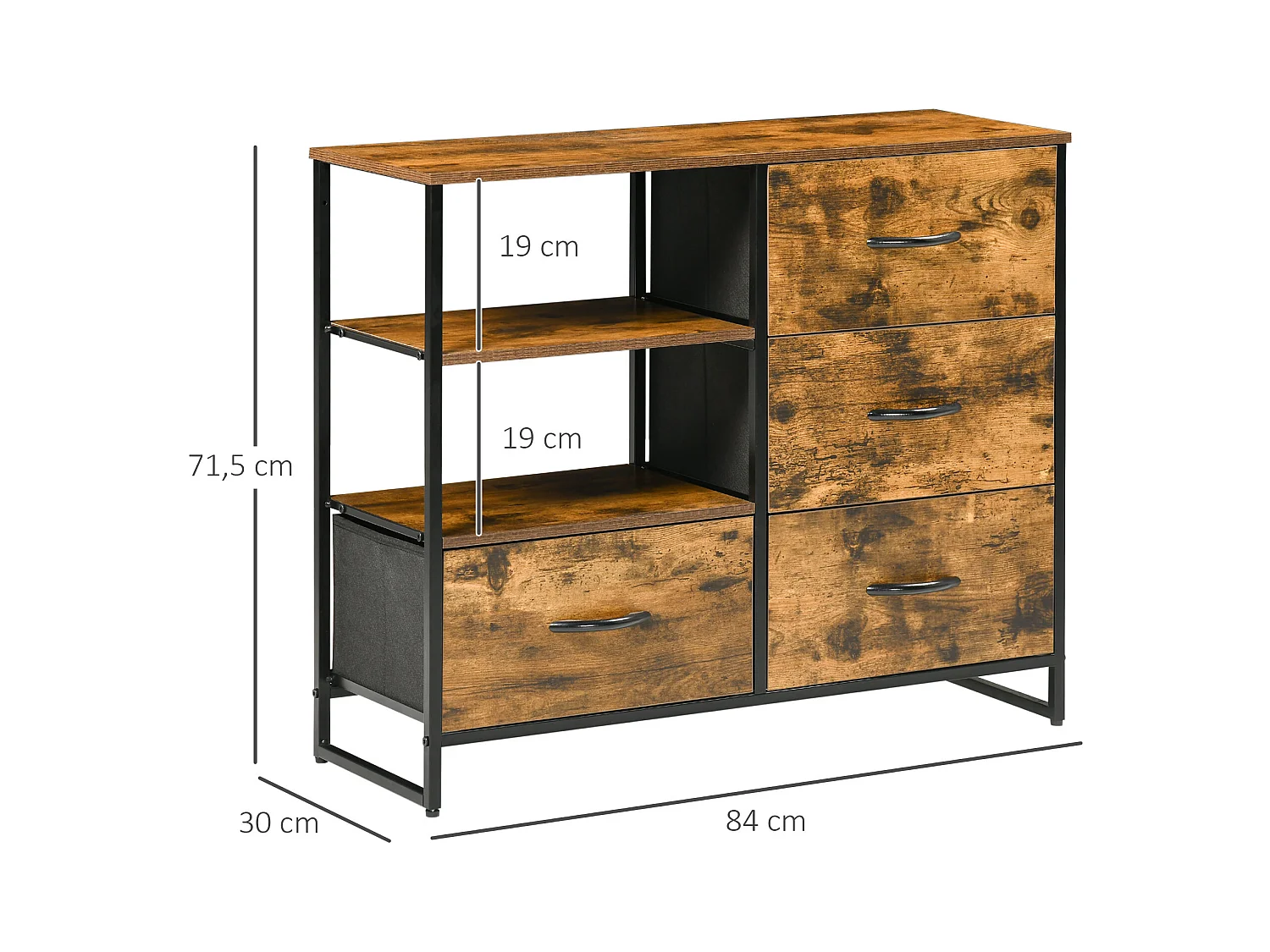 Buffet design industriel - 4 tiroirs, 2 niches, plateau - châssis acier noir MDF aspect bois avec veinage