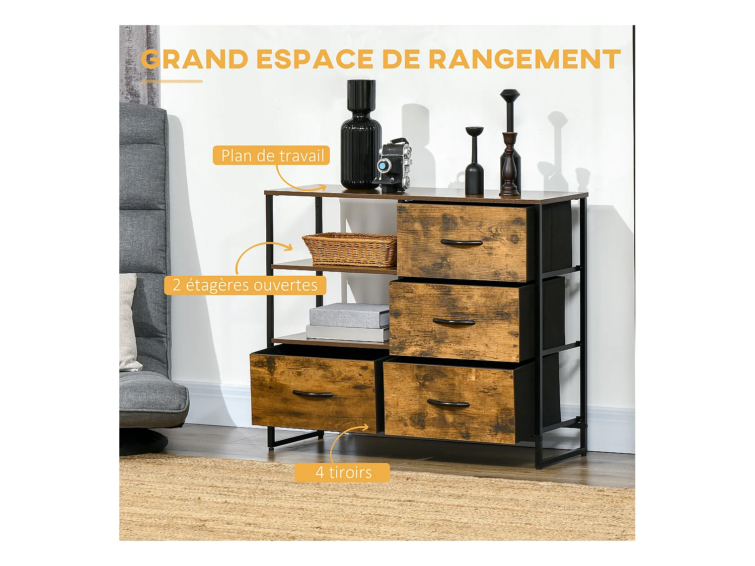 Buffet design industriel - 4 tiroirs, 2 niches, plateau - châssis acier noir MDF aspect bois avec veinage