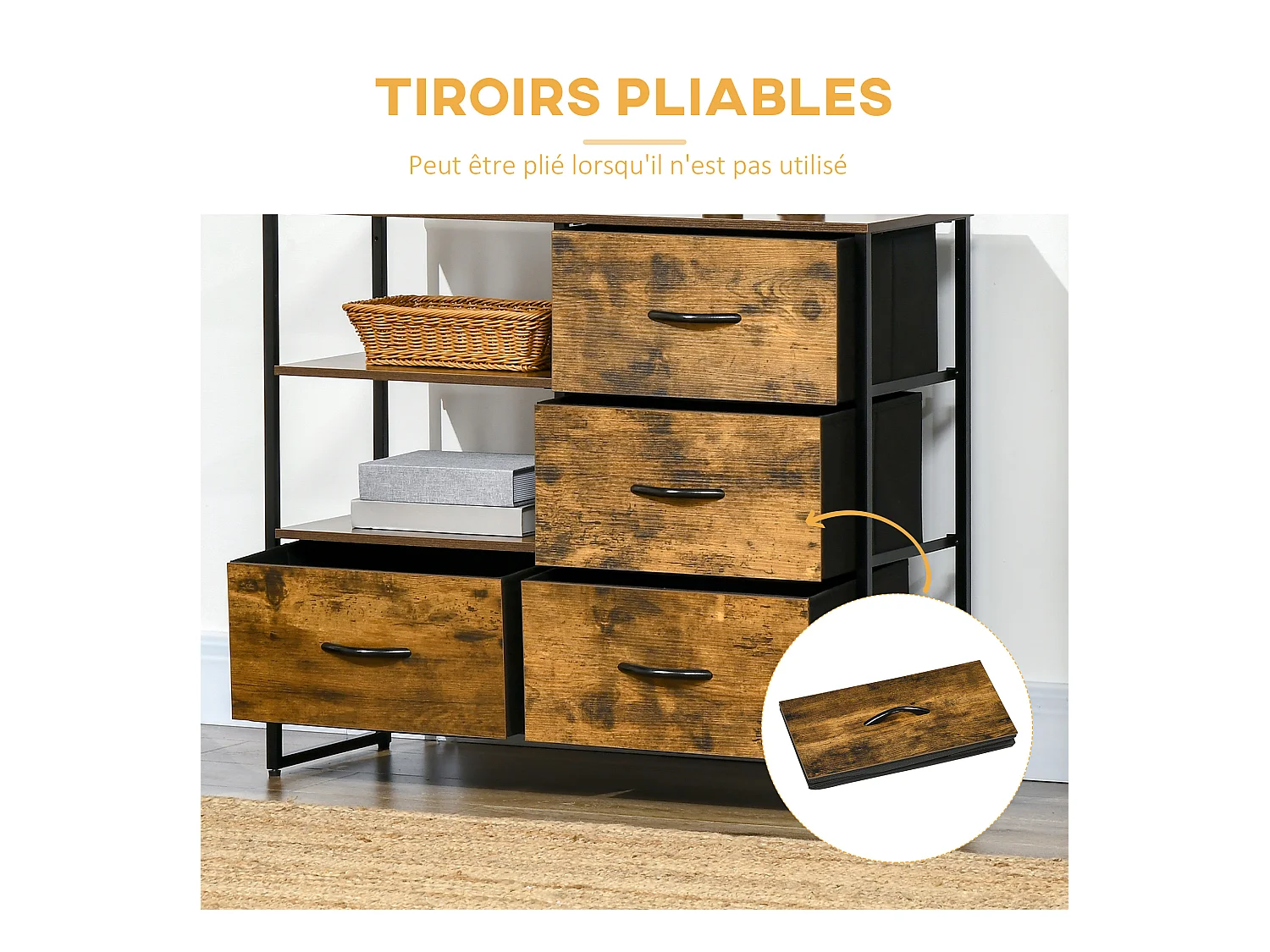Buffet design industriel - 4 tiroirs, 2 niches, plateau - châssis acier noir MDF aspect bois avec veinage