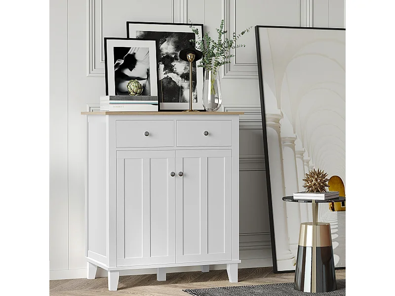 Buffet multi-rangement 2 portes avec étagère 2 tiroirs coulissants panneaux particules blanc aspect bois clair