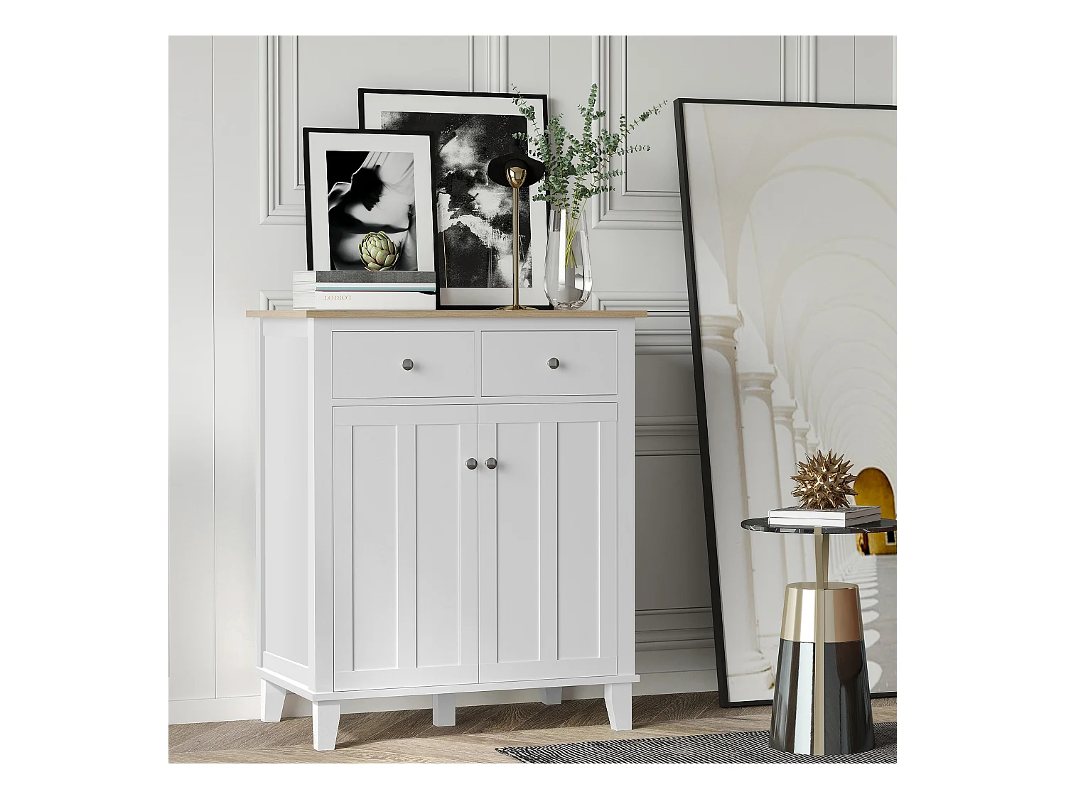 Buffet multi-rangement 2 portes avec étagère 2 tiroirs coulissants panneaux particules blanc aspect bois clair