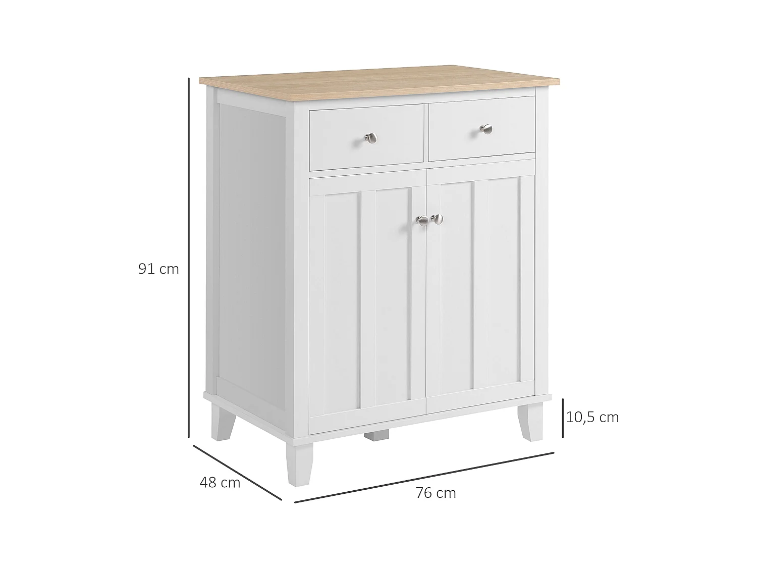 Buffet multi-rangement 2 portes avec étagère 2 tiroirs coulissants panneaux particules blanc aspect bois clair
