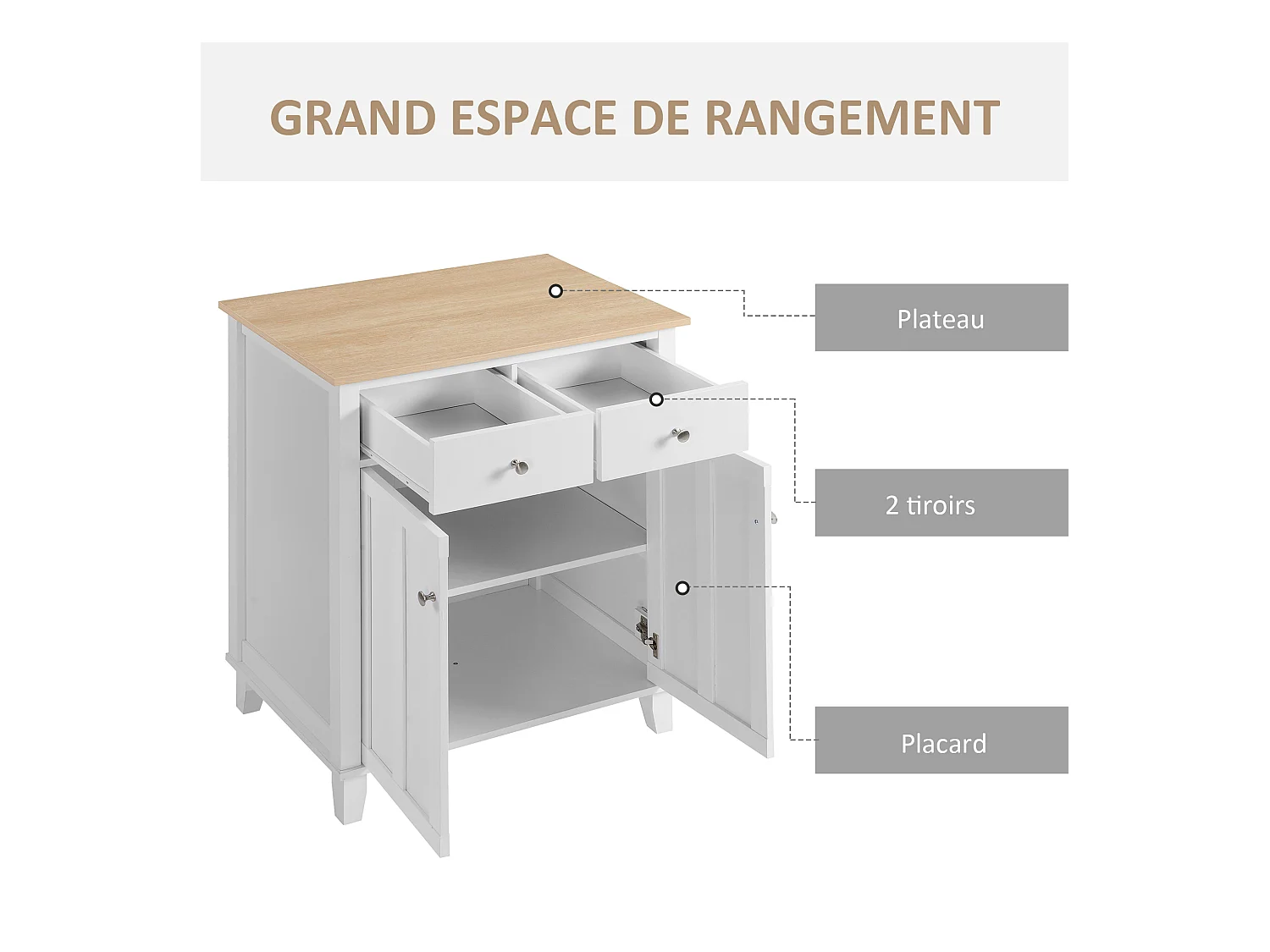 Buffet multi-rangement 2 portes avec étagère 2 tiroirs coulissants panneaux particules blanc aspect bois clair