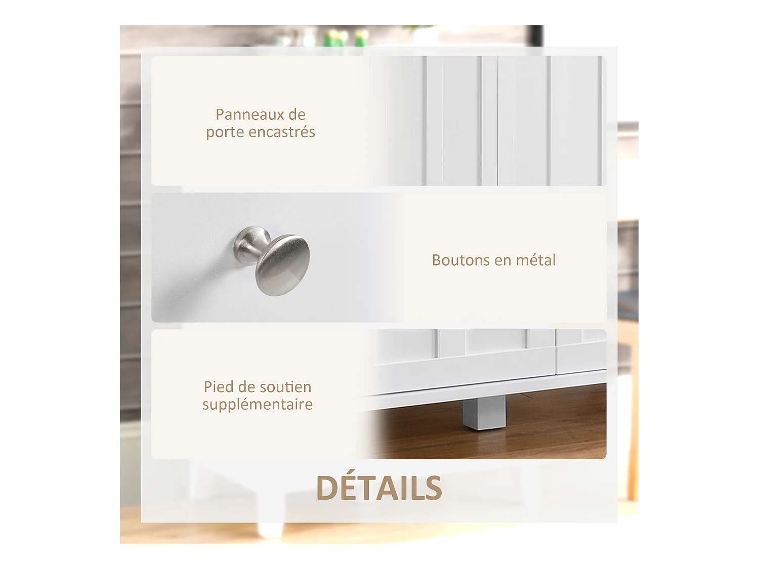 Buffet multi-rangement 2 portes avec étagère 2 tiroirs coulissants panneaux particules blanc aspect bois clair