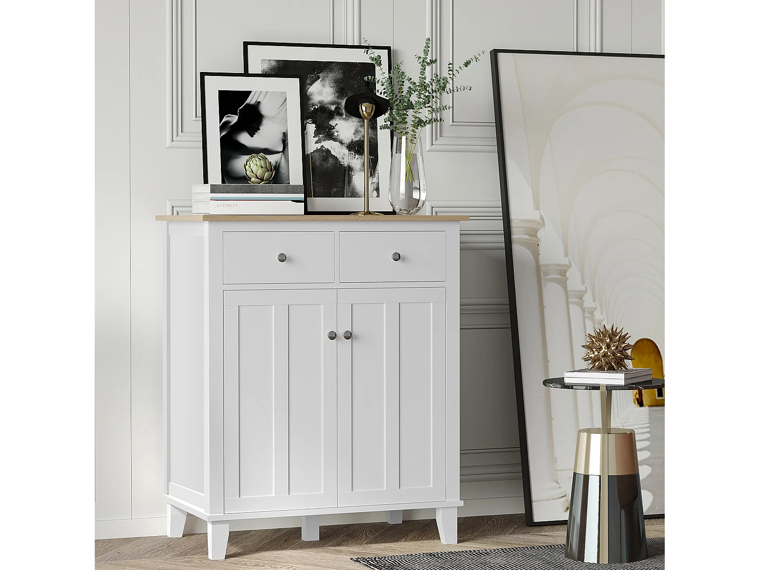 Buffet multi-rangement 2 portes avec étagère 2 tiroirs coulissants panneaux particules blanc aspect bois clair