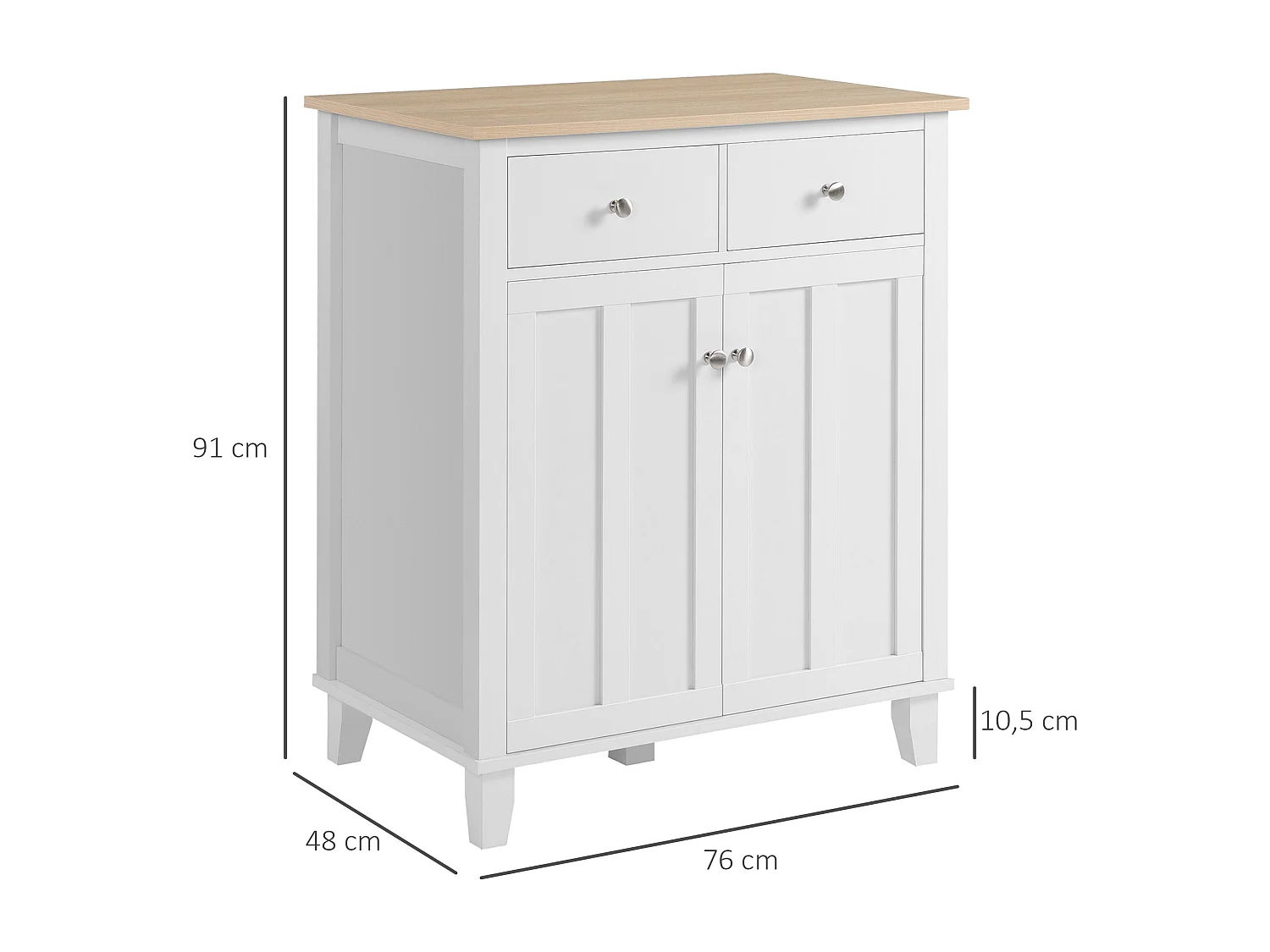 Buffet multi-rangement 2 portes avec étagère 2 tiroirs coulissants panneaux particules blanc aspect bois clair