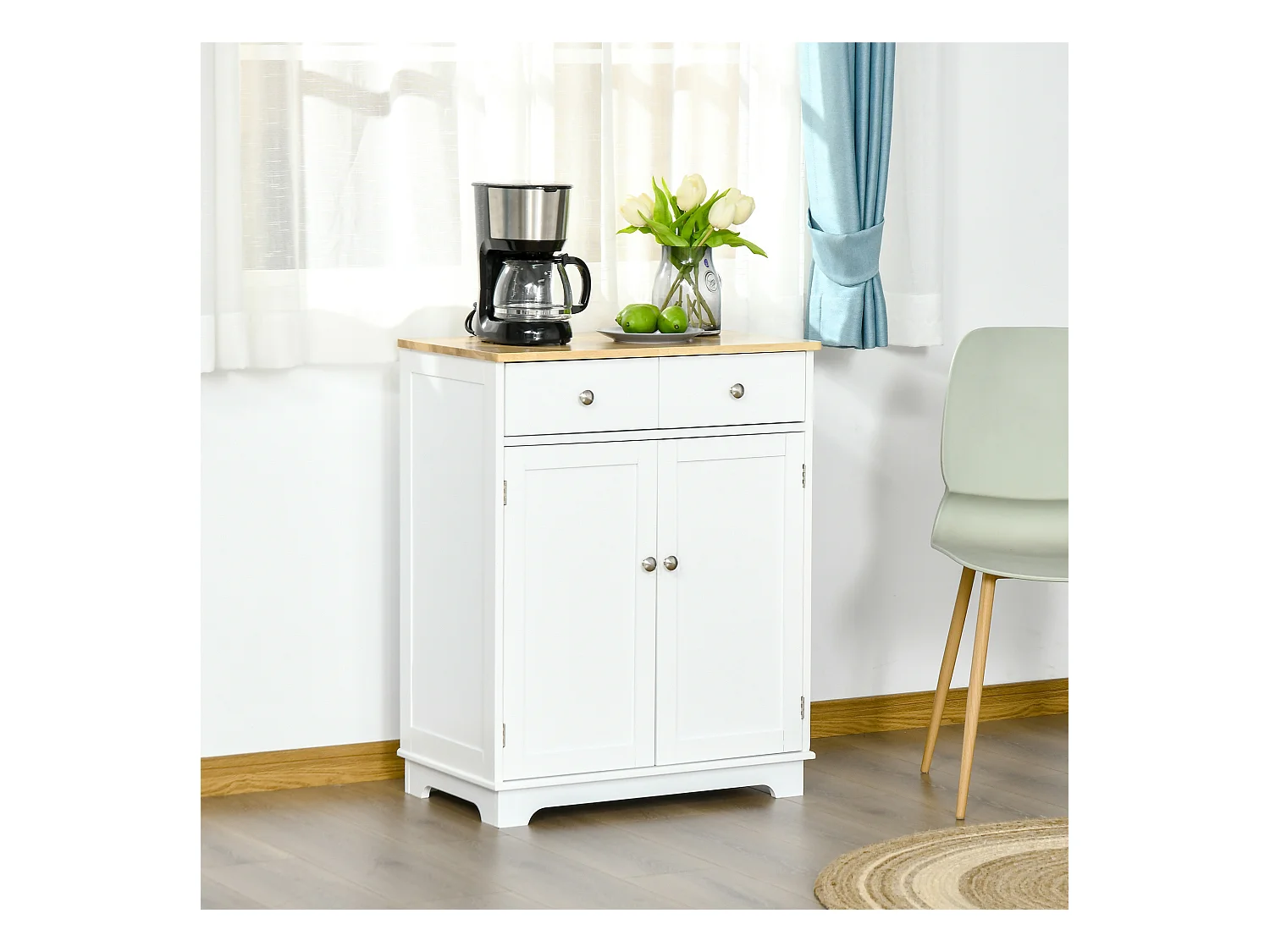 Buffet multi-rangement 2 portes avec étagère réglable 2 tiroirs coulissants MDF plateau bois d'hévéa