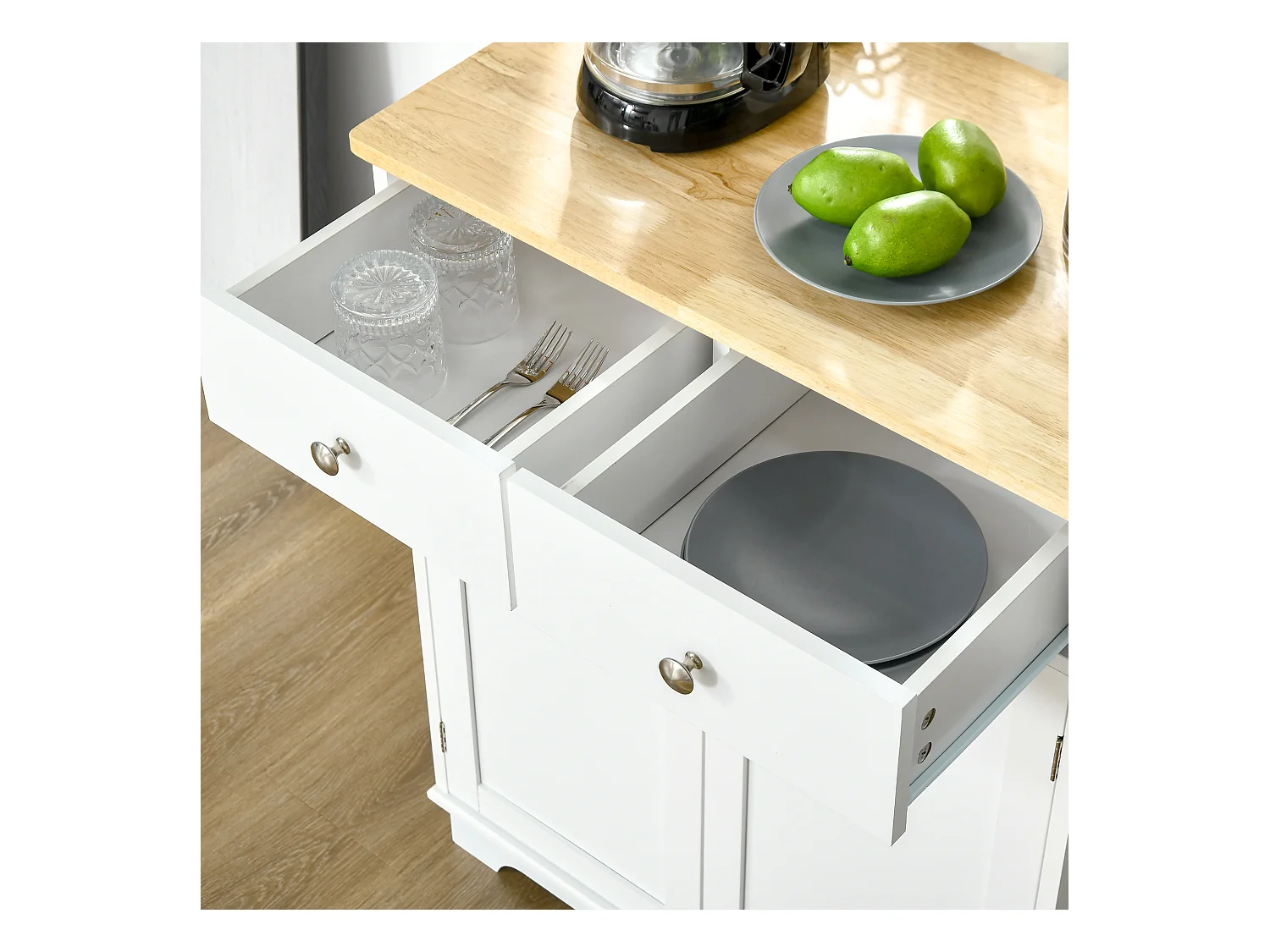 Buffet multi-rangement 2 portes avec étagère réglable 2 tiroirs coulissants MDF plateau bois d'hévéa