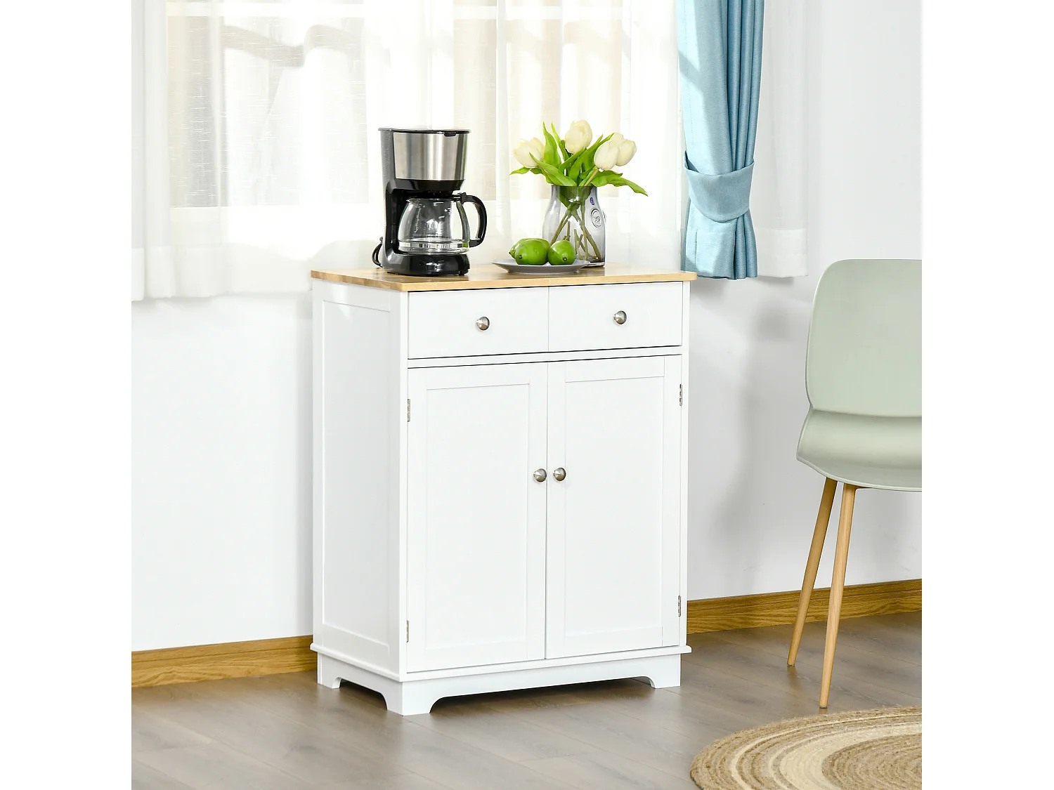 Buffet multi-rangement 2 portes avec étagère réglable 2 tiroirs coulissants MDF plateau bois d'hévéa