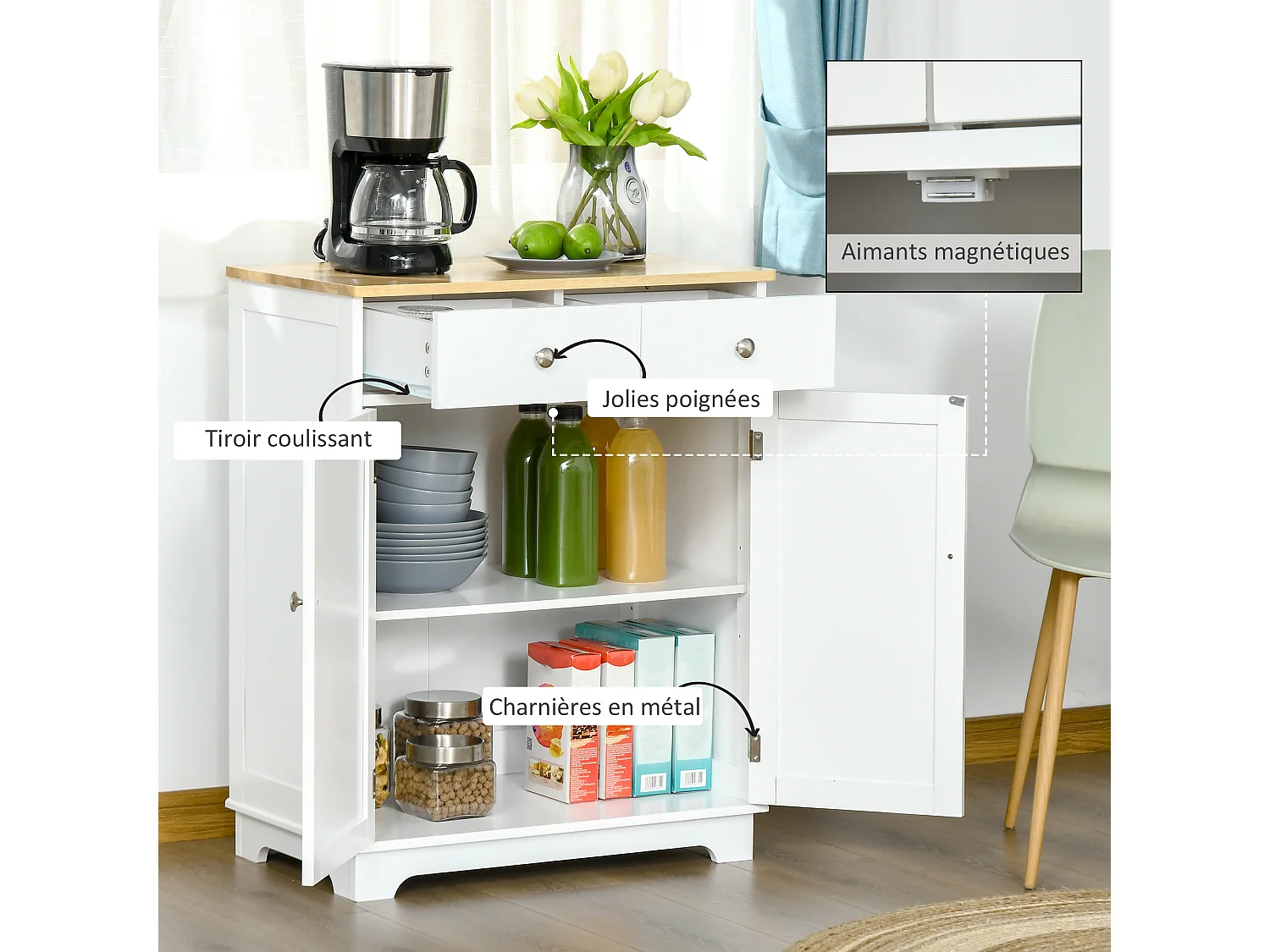 Buffet multi-rangement 2 portes avec étagère réglable 2 tiroirs coulissants MDF plateau bois d'hévéa