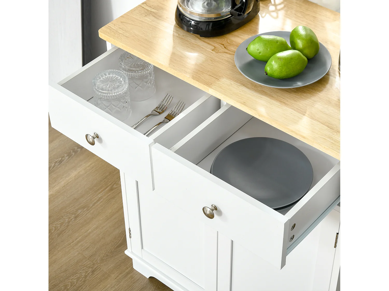 Buffet multi-rangement 2 portes avec étagère réglable 2 tiroirs coulissants MDF plateau bois d'hévéa