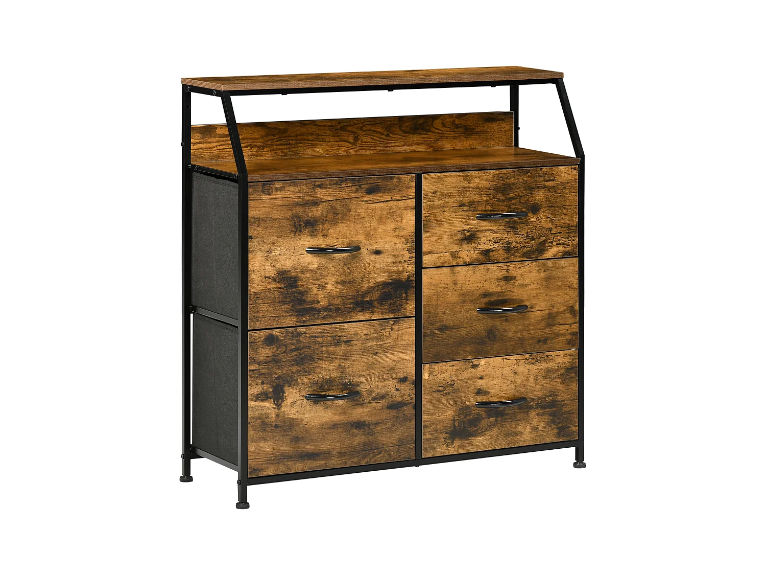 Buffet design industriel - 5 tiroirs, niche, étagère - châssis acier noir MDF aspect bois avec veinage