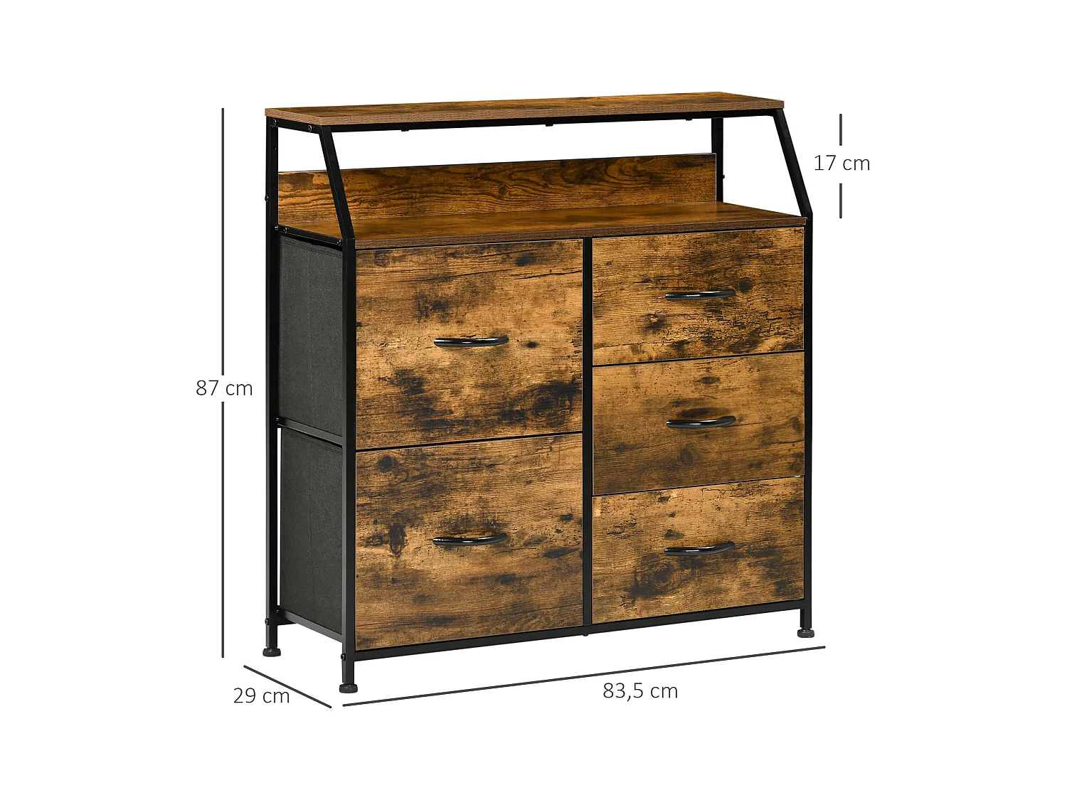 Buffet design industriel - 5 tiroirs, niche, étagère - châssis acier noir MDF aspect bois avec veinage