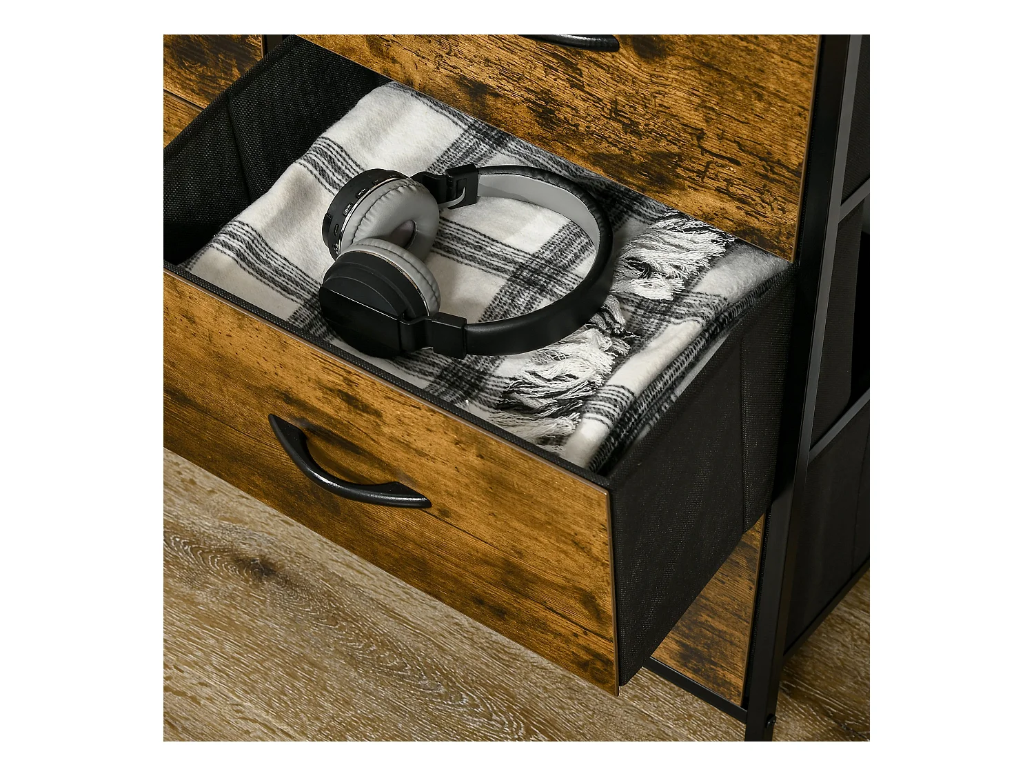 Buffet design industriel - 5 tiroirs, niche, étagère - châssis acier noir MDF aspect bois avec veinage